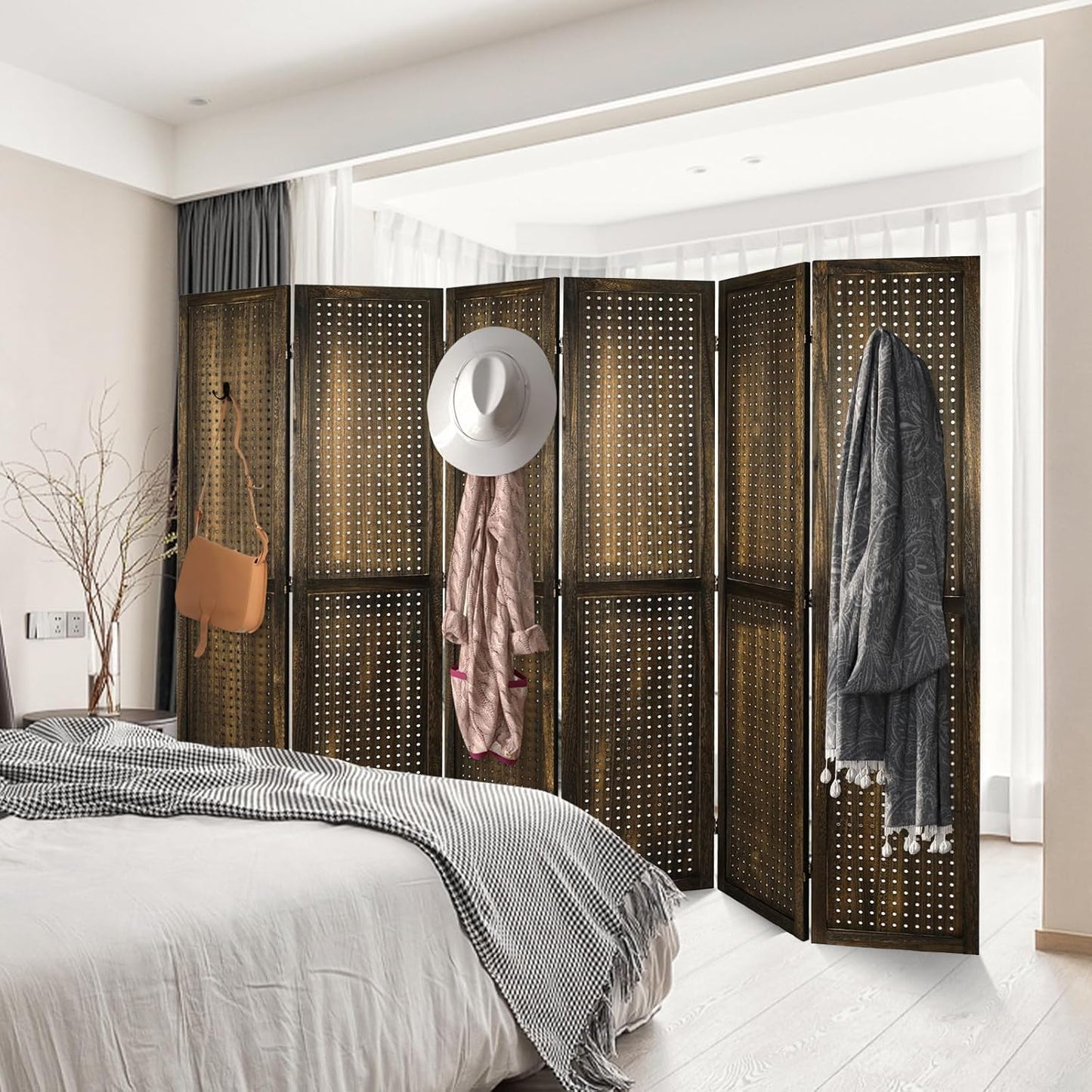 Babion 6 Panel Pegboard Display, Peg Board Room Divider Freestanding Folding Privacy Screens Display Stand for Craft Shows (Brown)