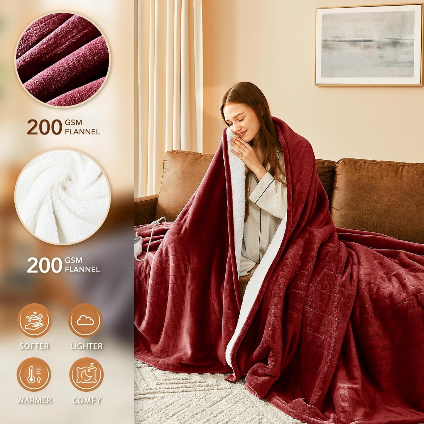 Homemate Electric Heated Blanket Queen - 84"x90" Heating Bed Blankets Throw with 10 Heating Levels 8 Hours Auto Off Fast Heating Over-Heated Protection Ultra Soft Warm Flannel ETL Certified Red