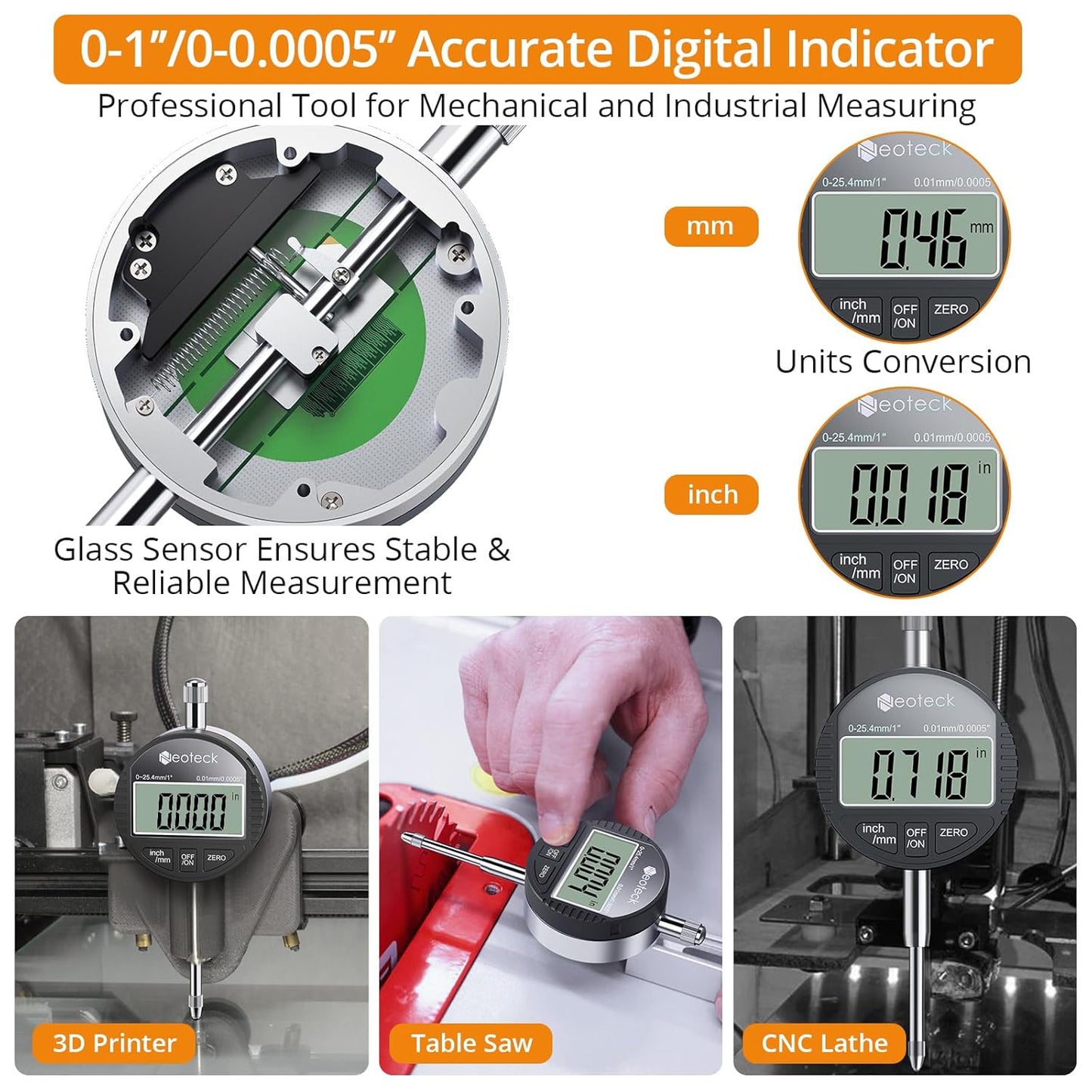 Neoteck 1"/25.4mm (0.0005"/0.01mm) Digital Indicator Set Dial Indicator and Magnetic Base Set with Storage Case, Ideal for 3D Printer Lathe Workshop CNC Machine Table Saw-90lbs(40kg) Max Pull-Black
