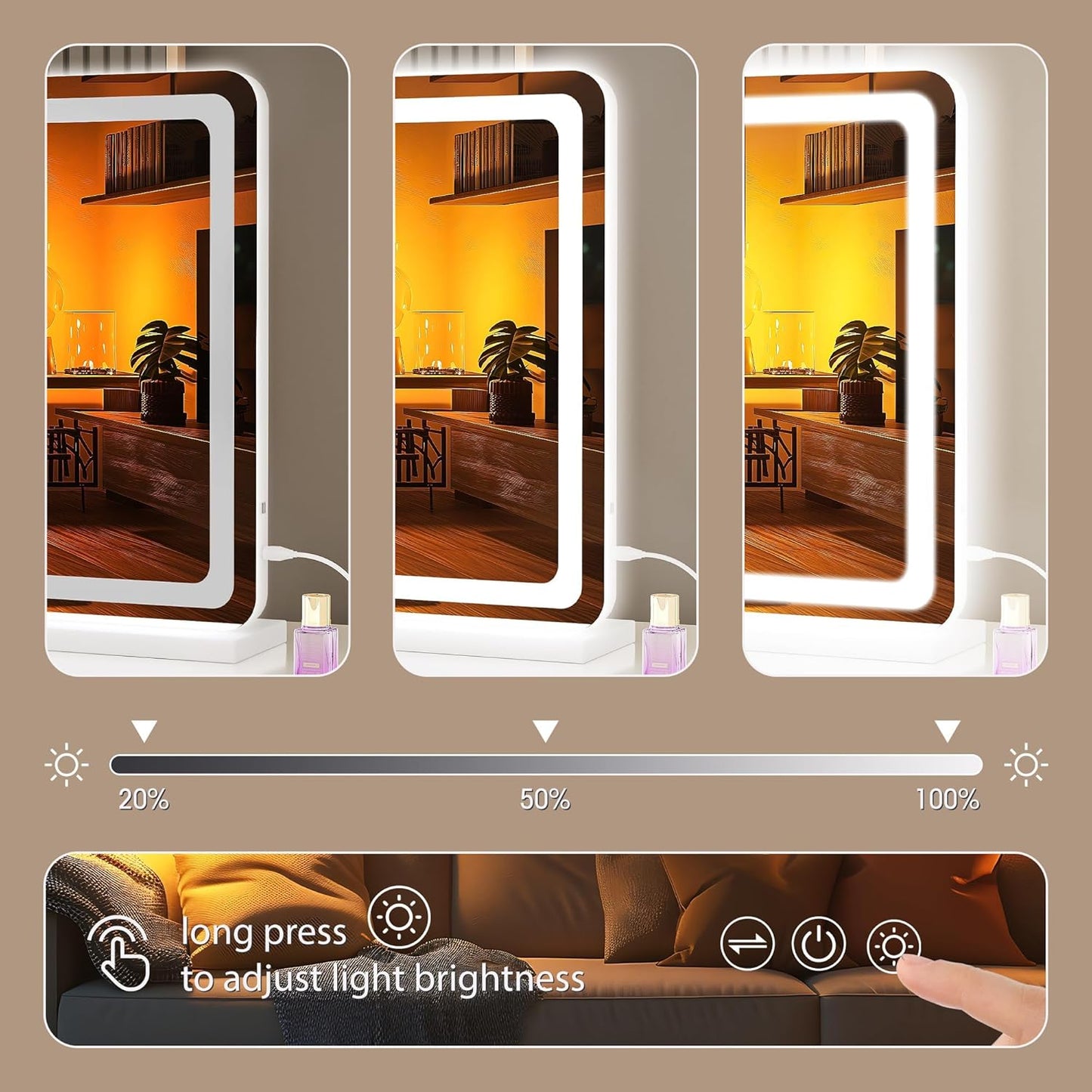 Hasipu Vanity Mirror with Lights, 31.5" x 20" LED Makeup Mirror, Lighted Makeup Mirror with Dimmable 3 Modes, Touch Screen Control Vanity Mirror Round White