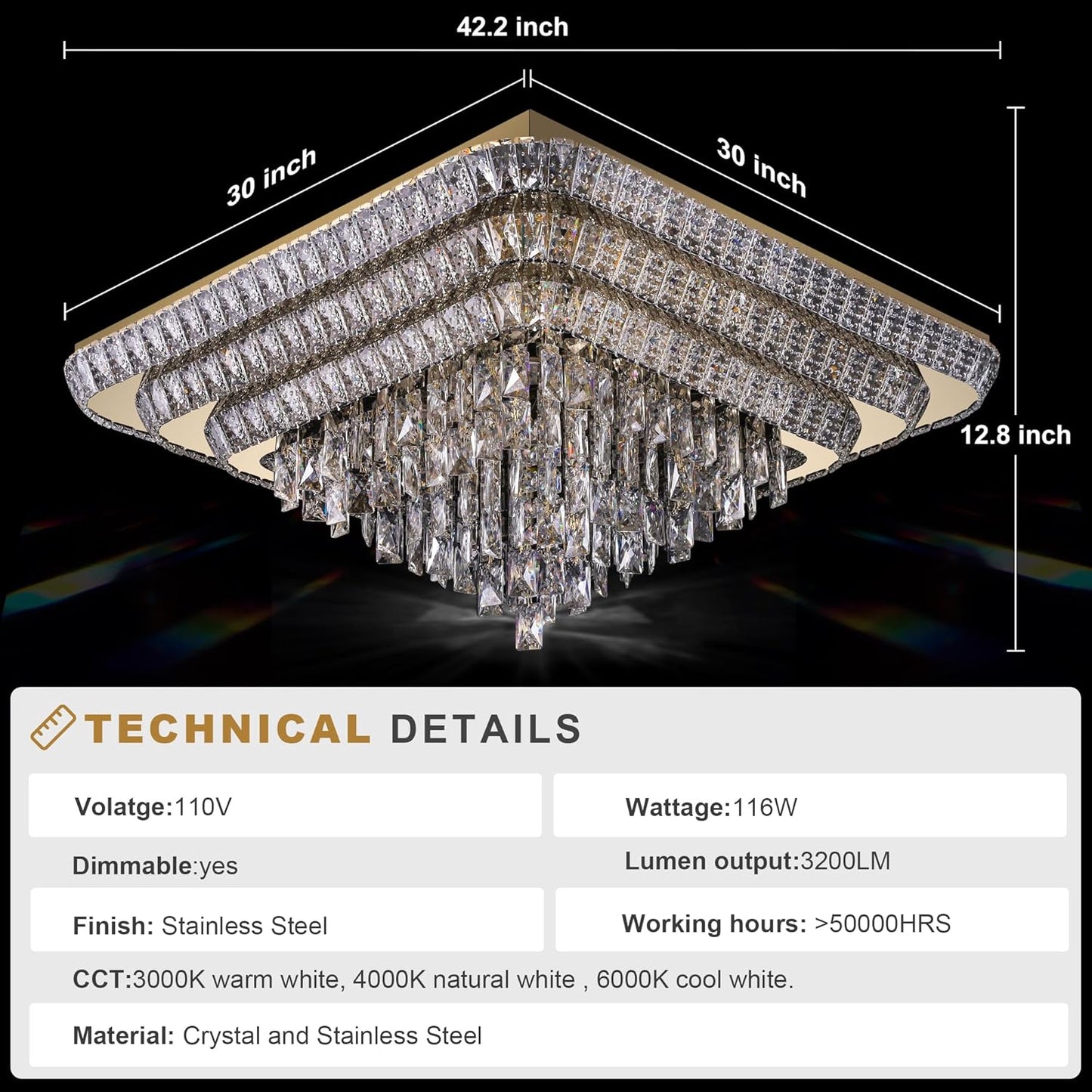 Elegant LED Gold Crystal Raindrop Ceiling Light,30 Inch Square Flush Mount Chandelier with Remote for Living Room Kitchen Island Bedroom Hallway Entryway Foyer (Dimmable)