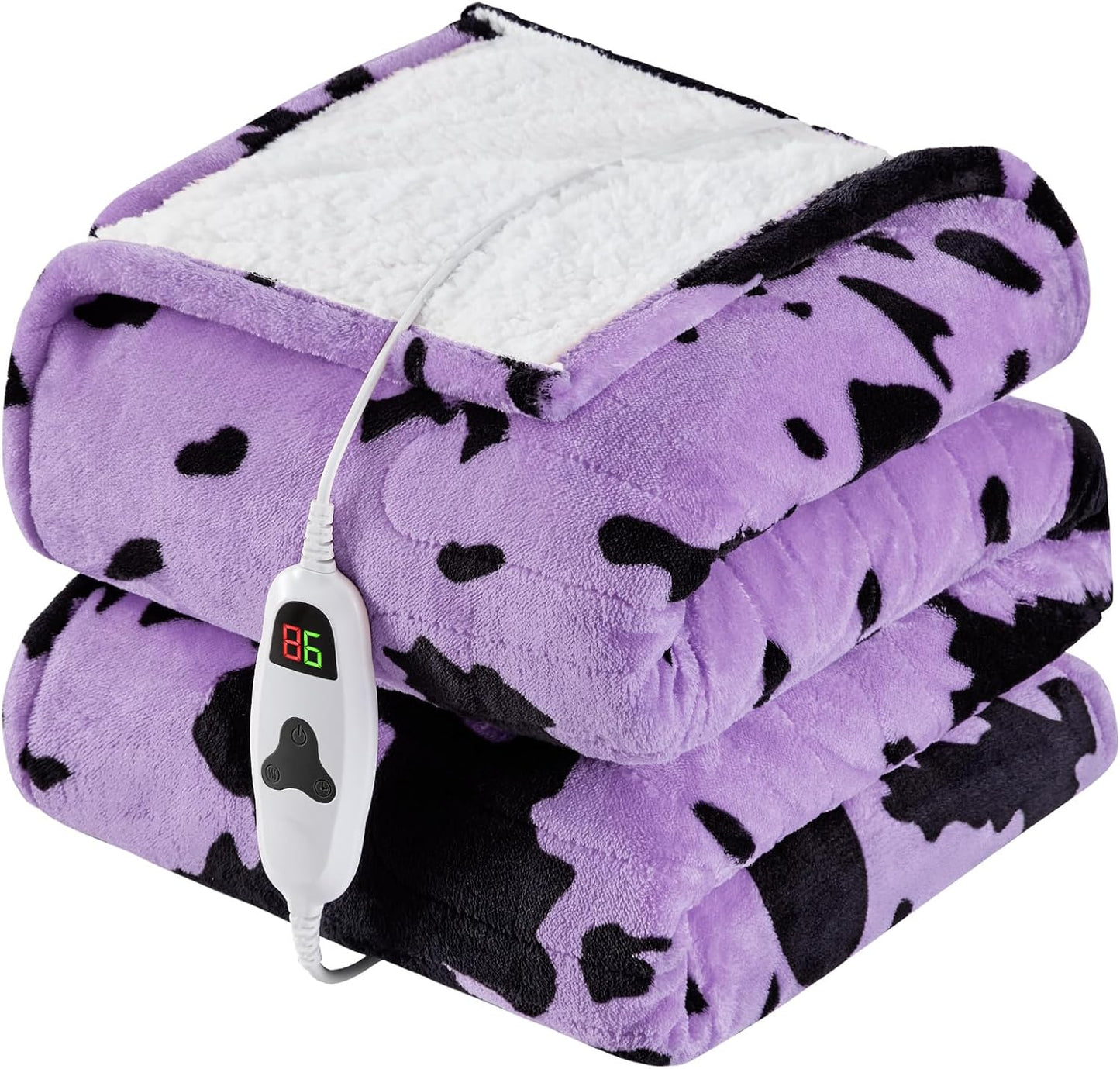 Cow Print Heated Electric Blanket Twin Size,62X84 Purple Heating Blanket with 10 Heats Levels & 8 Hours Auto Off,Highland Cow Fleece Sherpa Blankets Warmer Gifts for Women Adults Couch,Washable