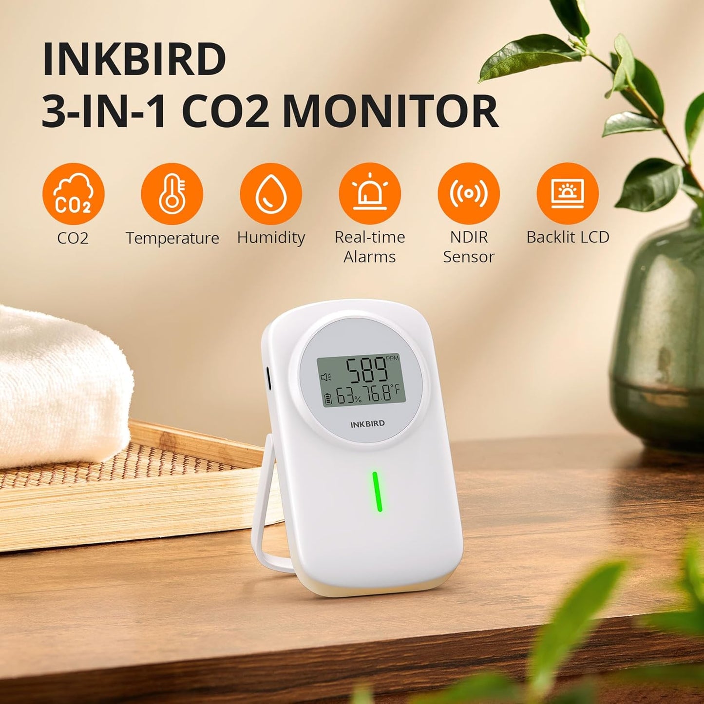 INKBIRD NDIR CO2 Detector Battery Powered | 3 in 1 CO2 Monitor Meter | Carbon Dioxide & Temperature & Humidity Air Quality Monitor Indoor | Dual Alarm System | for Home, Office, RV, Grow Tent (IAM-O2)