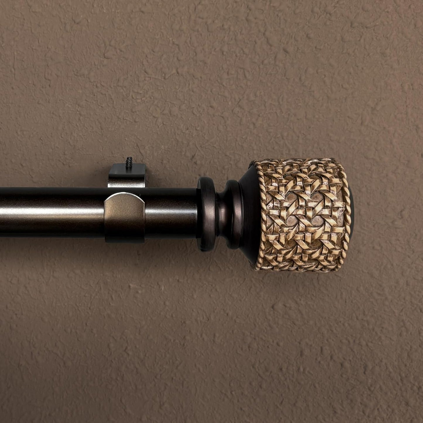 1-1/8 Inch Diameter Dark Bronze Curtain Rods with Faux Rattan Cane Woven Finials, 36-72'' Telescoping Single Curtain Rods for window width 24-68 inch, 1 pack