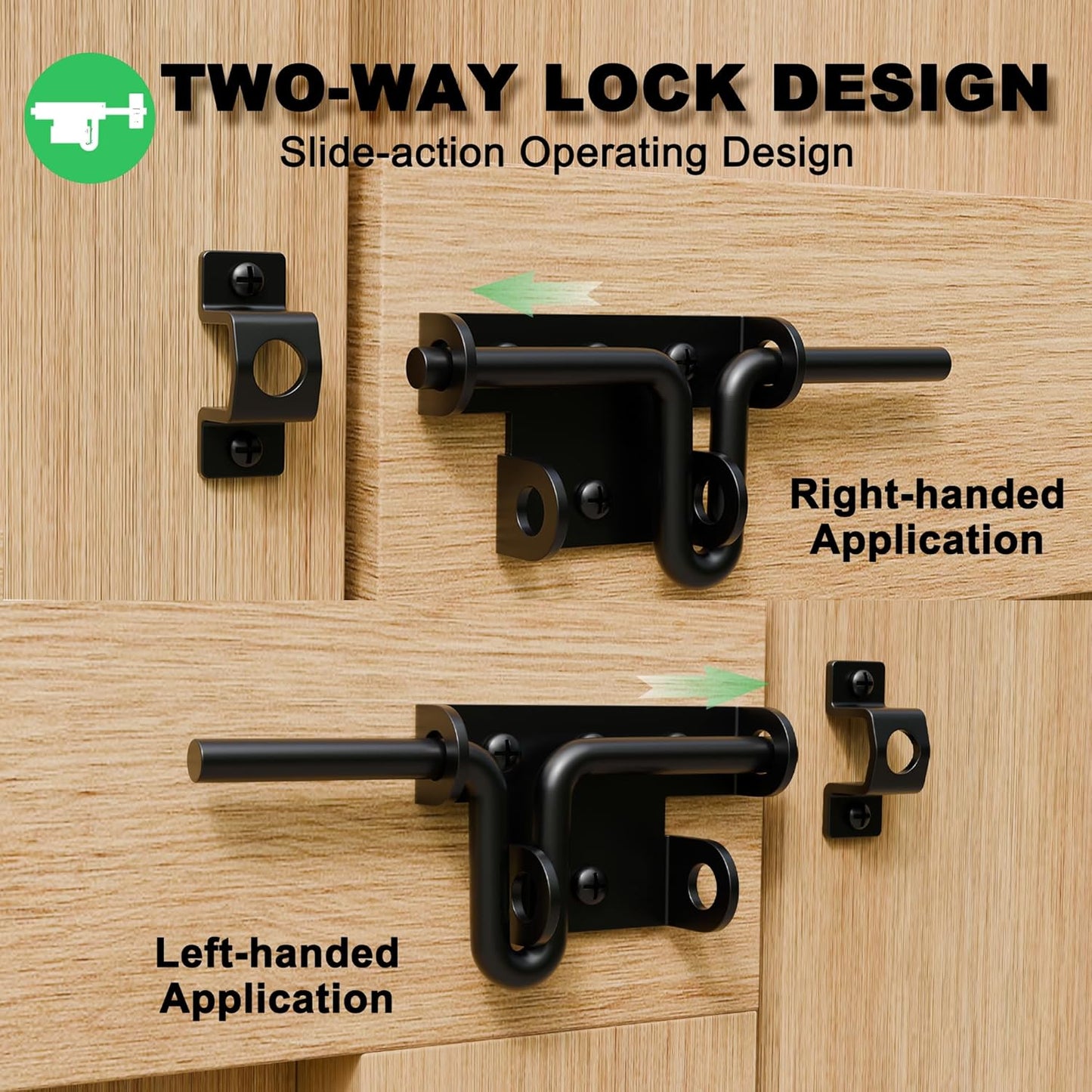 Heavy Duty Slide Bolt Gate Latch for Wooden Fence, 2 Way Barn Door Latch with Padlock Hole, Offset and Flush Mounted Gate Latch for Outdoor Gates/Yard Fence/Shed Door, Black, 2 Pack