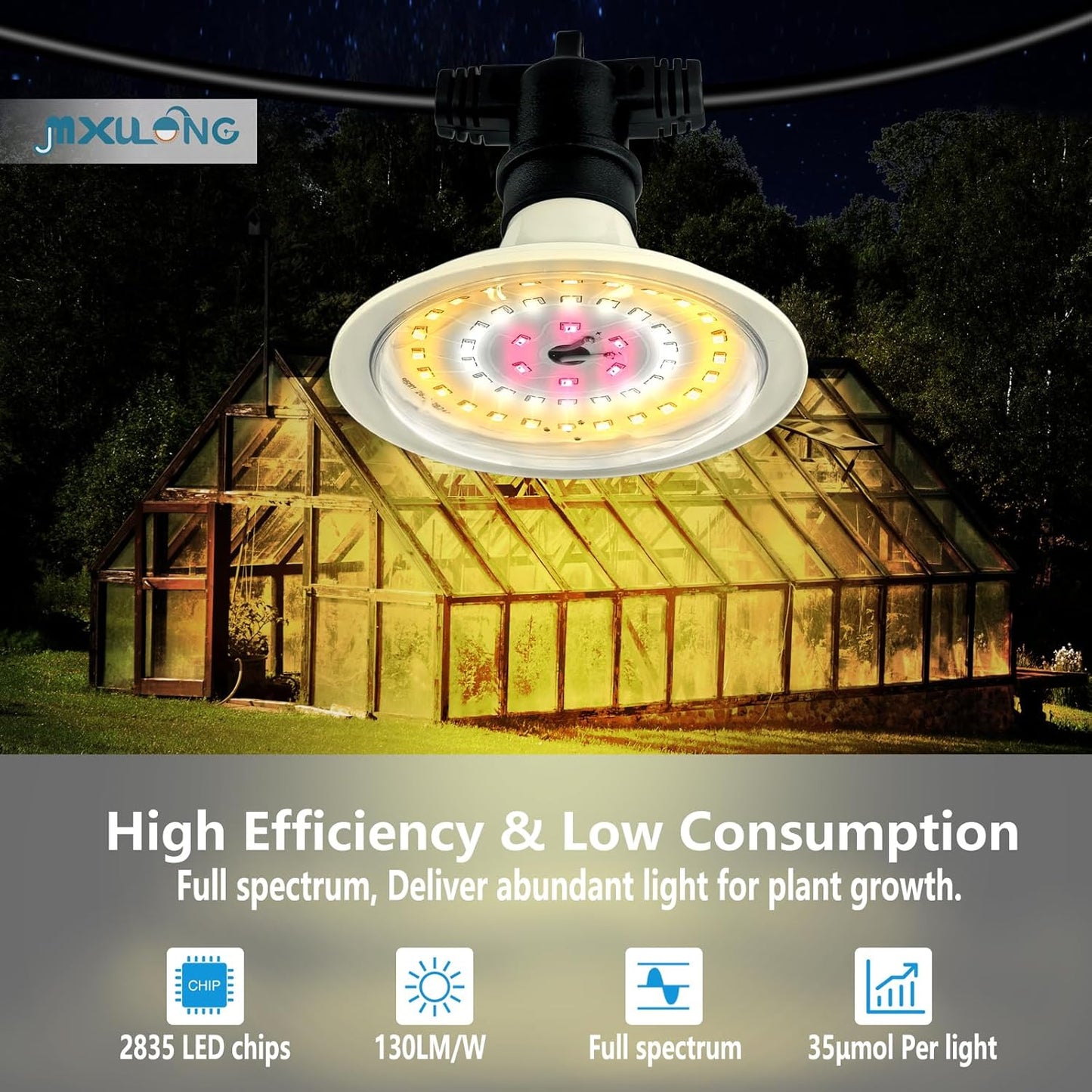 Outdoor LED Grow Lights, Waterproof String Grow Light, Full Spectrum Plant Growing Lights Greenhouse 44Ft Adjustable Cord 12 Lights