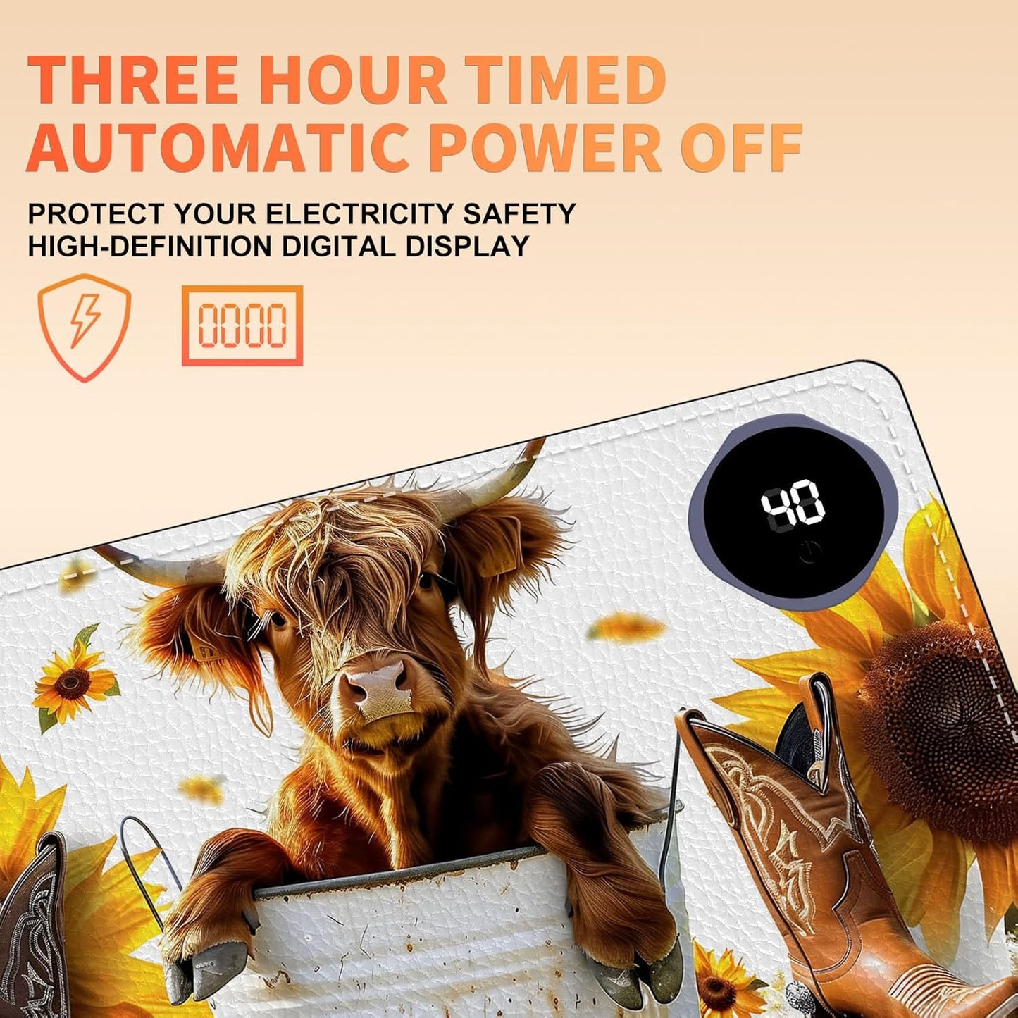 Heated Mouse Pad, Warm Desk Pad, Keyboard Mat 23.6 x 14 Inch Large Size Intelligent Fast Heating, 3 Speed Adjustable, Timed Auto Power Off for Game Office Home, Sunflower Highland Cattle