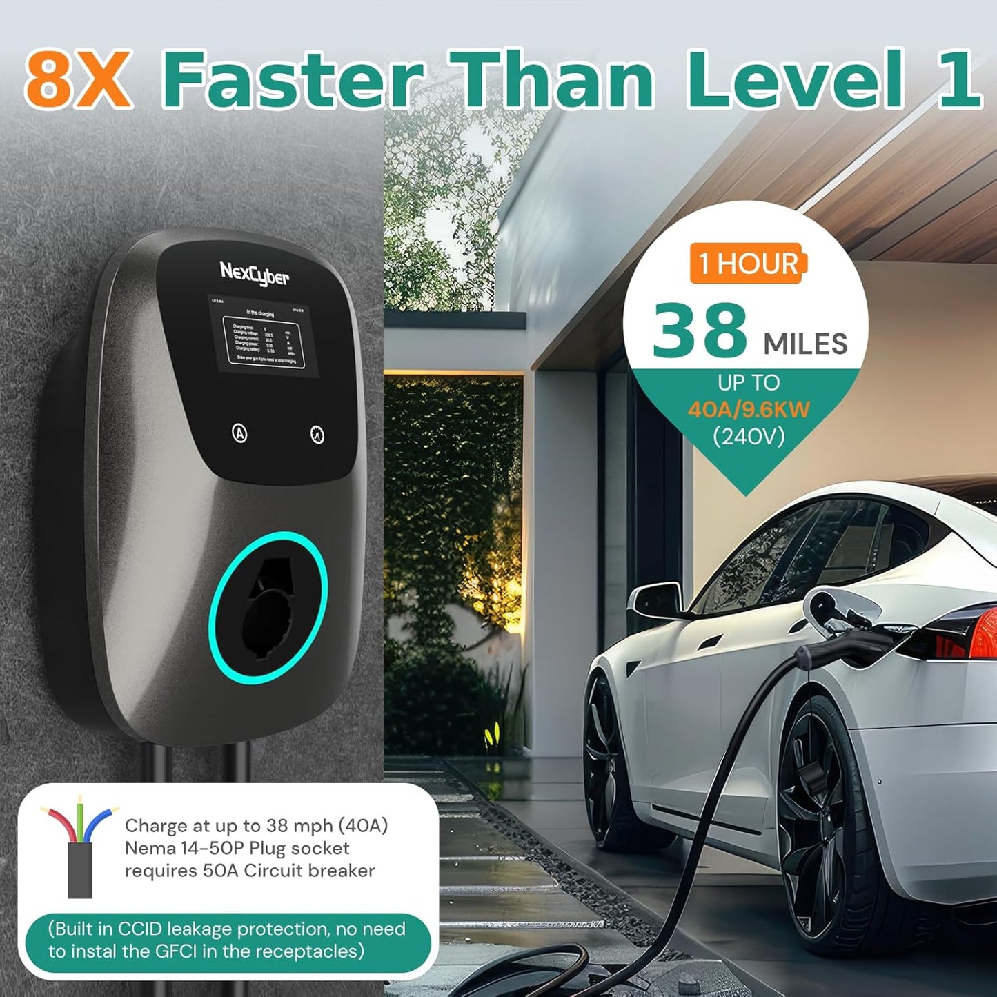 Level 2 EV Charger(WiFi APP/Plug-Play), 40Amp, 25ft Cable ETL Certified, 240V NEMA 14-50p Plug, Home Level 2 EVSE Car Charger w/ J1772 Connector, Electric Vehicle Charging Stations