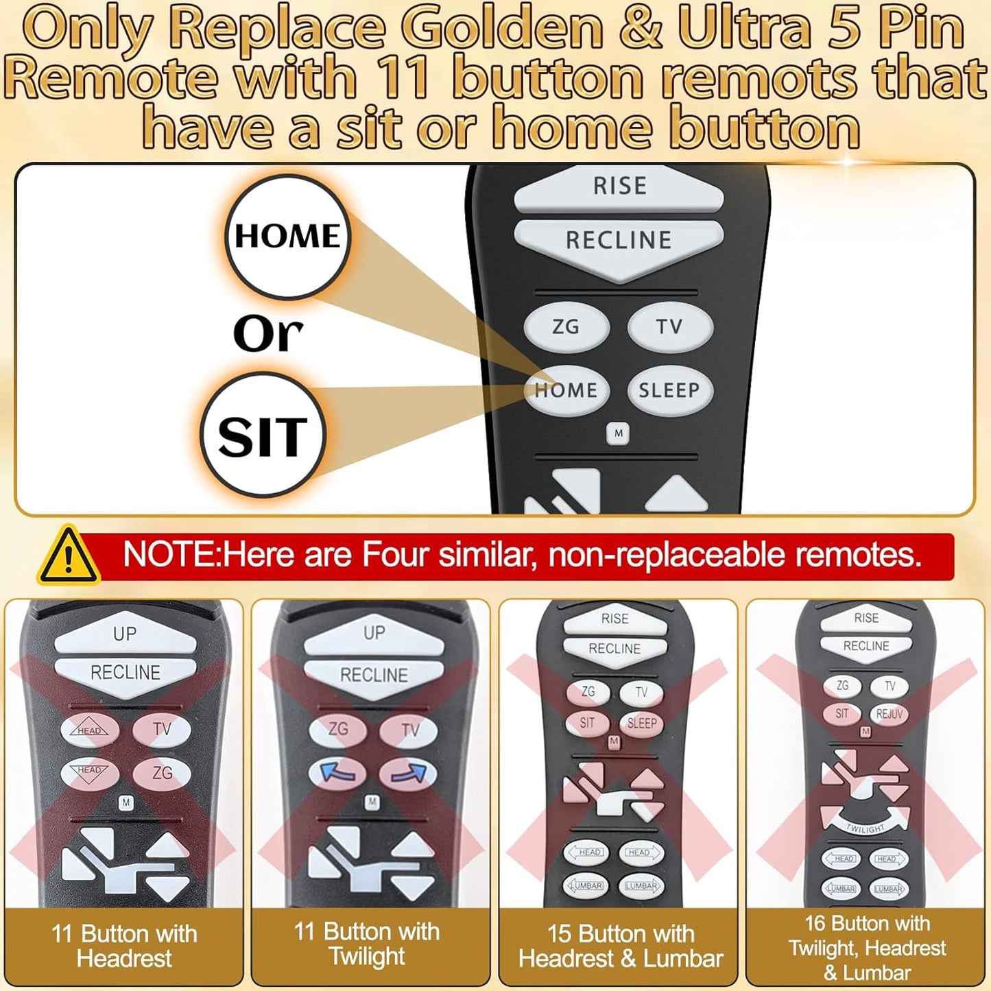 ZKAD-5 5 Pin Lift Chair Remote Only Fit for 2 Motors Golden and Ultra Comfort Chairs with 11 Button(Include SIT or Home, Not Twilight) Remote, Recliner Hand Control Part 5-Years Free Replacement