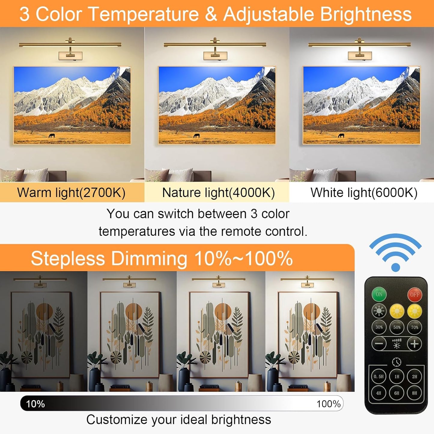 Picture Light Battery Operated with Remote, 3CCT Dimmable Picture Light for Paintings, Brass Rechargeable 24 inch Battery Operated Wall Sconce for Art Lighting Gallery Portrait Artwork
