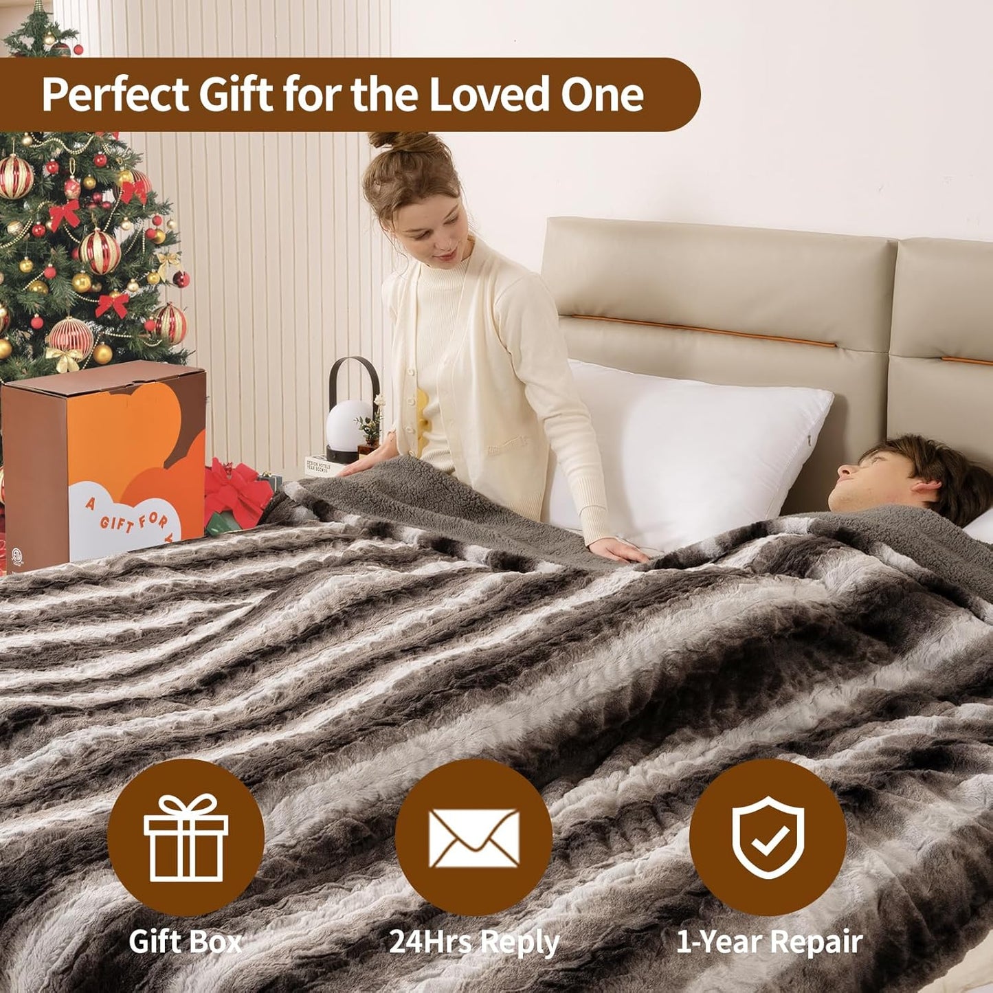 Bearhug Electric Blanket Full Size 77" x 84", 10 Heat Settings Heated Blanket, 1-12 Hour Auto Shut-Off, Faux Fur & Sherpa Dual-Sided Heating Blanket, Machine Washable, Gift-Ready Elegant Packaging