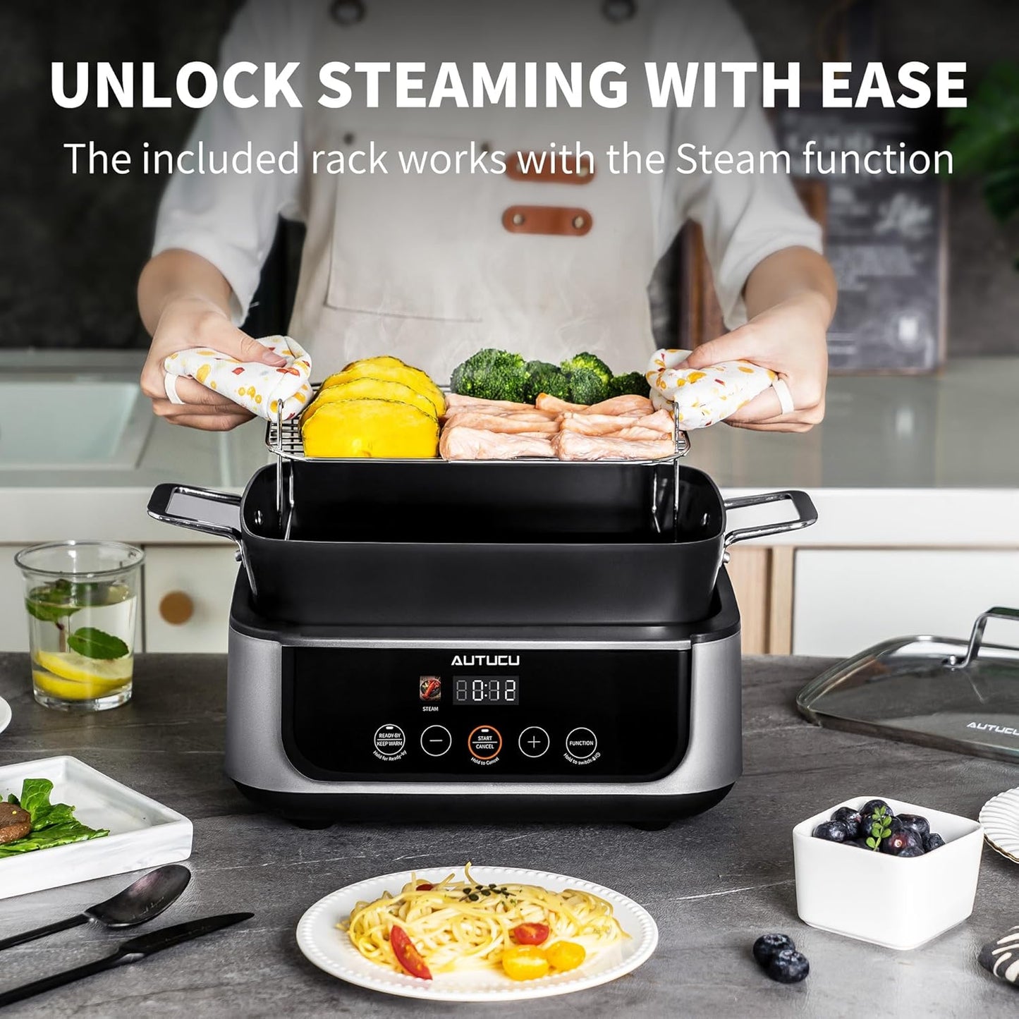 Slow Cooker 7 Quart | Programmable Multi-Cooker PFOA-Free Ceramic Coating, Steamer, Sear sauté, Warm Function (Includes Silicone Spoon)