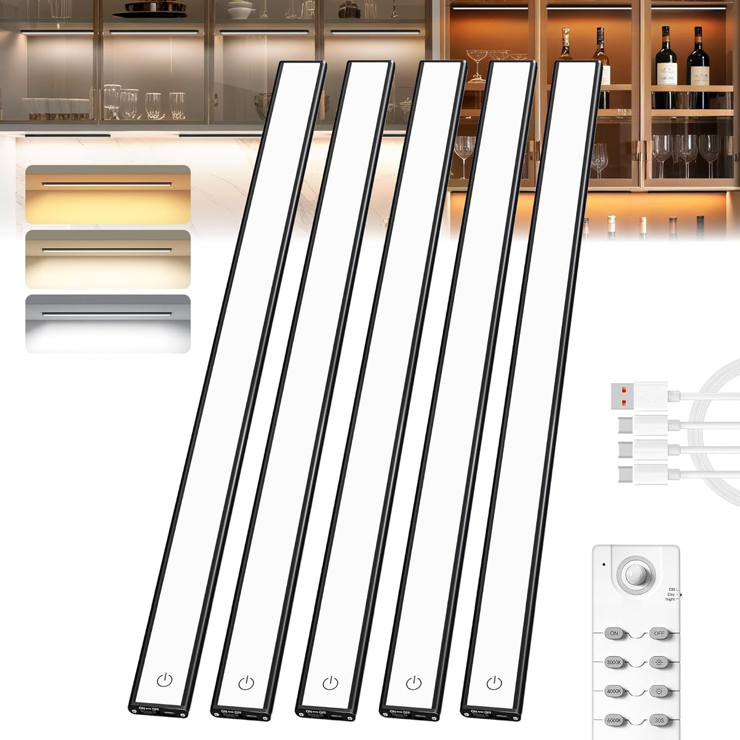 Under Cabinet Lighting,204 LED Wireless Motion Sensor Light Indoor, Rechargeable Closet Lights Battery Operated,Dimmable & 3 Color Temps,Magnetic Under Counter Lights for Kitchen, Closet (60CM,5Pack)