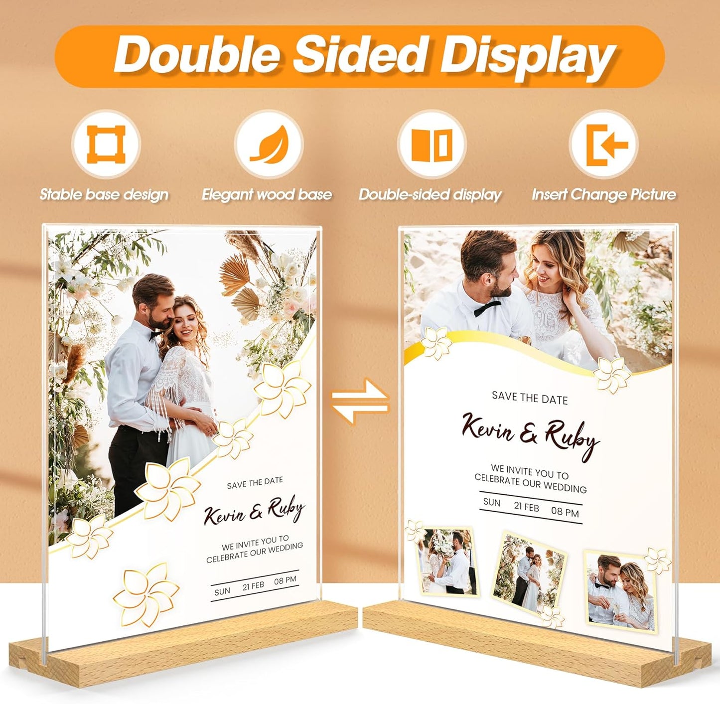 8.5 x 11 Acrylic Sign Holder with Wood Base - Tabletop Display Menu Stand - Clear Plastic L/T Shape Vertical or Slant Back Paper Holders - 6 pack