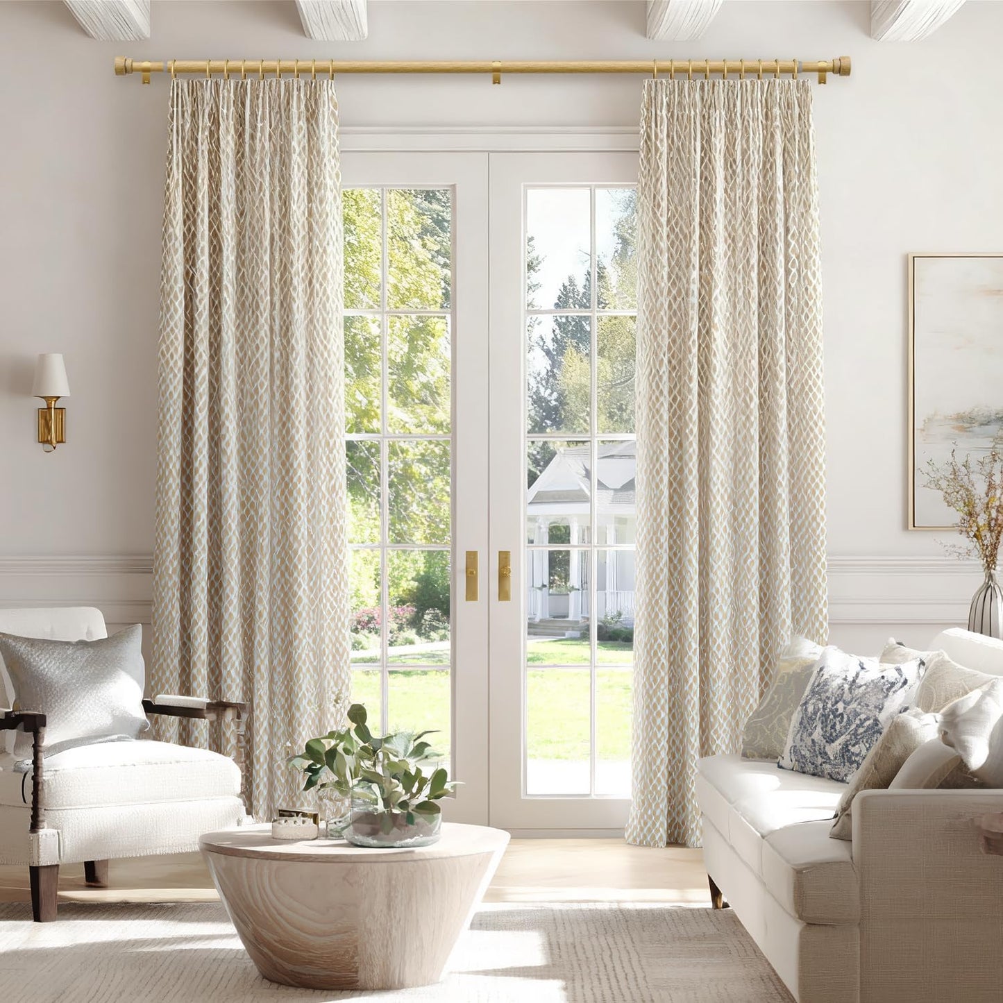 Natural Light Wood Grain Curtain Rods for Windows 72 to 144 Inches 1" Diameter Heavy Duty Window Curtain Rod Adjustable with Solid Finials for Living Room Bedroom Kitchen Farmhouse Outdoor