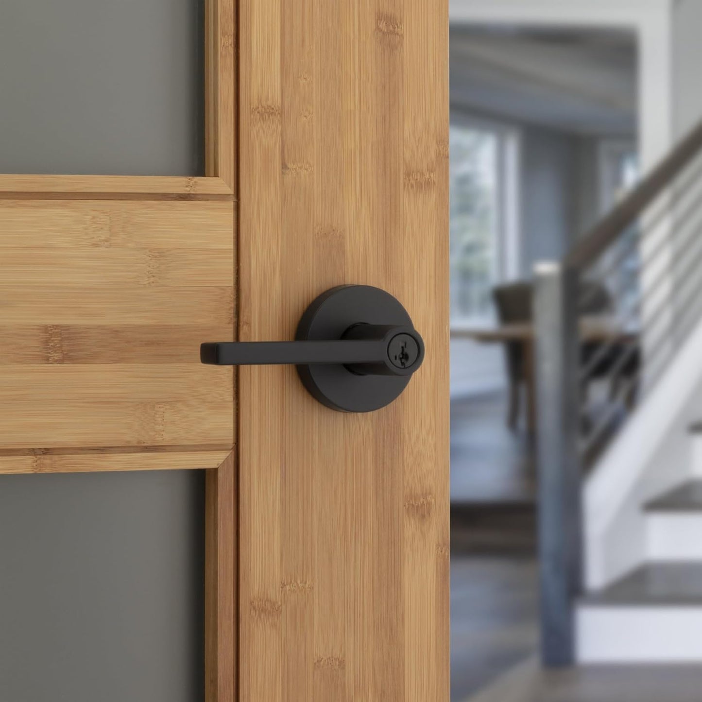 Kwikset Halifax Entry Door Handle with Lock and Key, Secure Keyed Reversible Lever Exterior, for Front Entrance and Bedrooms, Matte Black, 4 Pack, Pick Resistant SmartKey Rekey Security and Microban