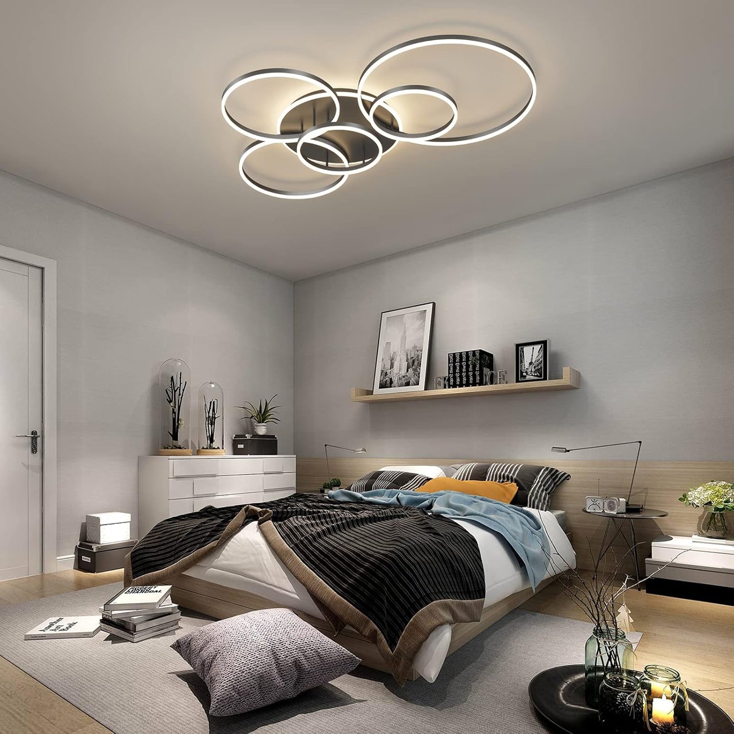 Modern LED Ceiling Light 106W Dimmable Acrylic Ceiling Lamp with Remote Control 6 Rings Circle Living Room Light Fixtures Ceiling Black Ceiling Chandelier Lighting for Bedroom Dining Room (5+1B01)