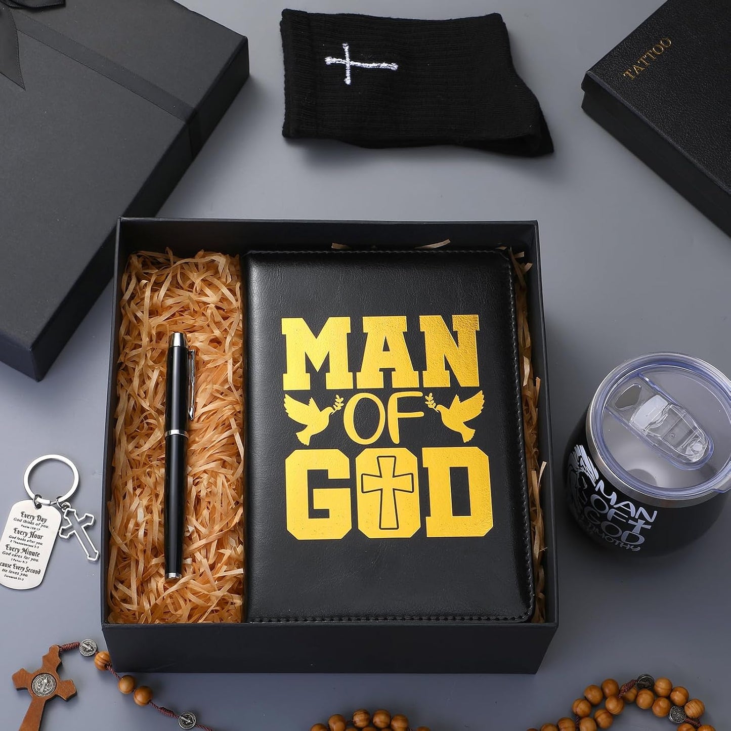 6 Pcs Christmas Christian Gifts for Men Man of God Religious Faith Gifts Tumbler Bible Verse Keychain Socks Pen Man of God Notebook Box for Male Pastor Clergy Catholic Church Birthday