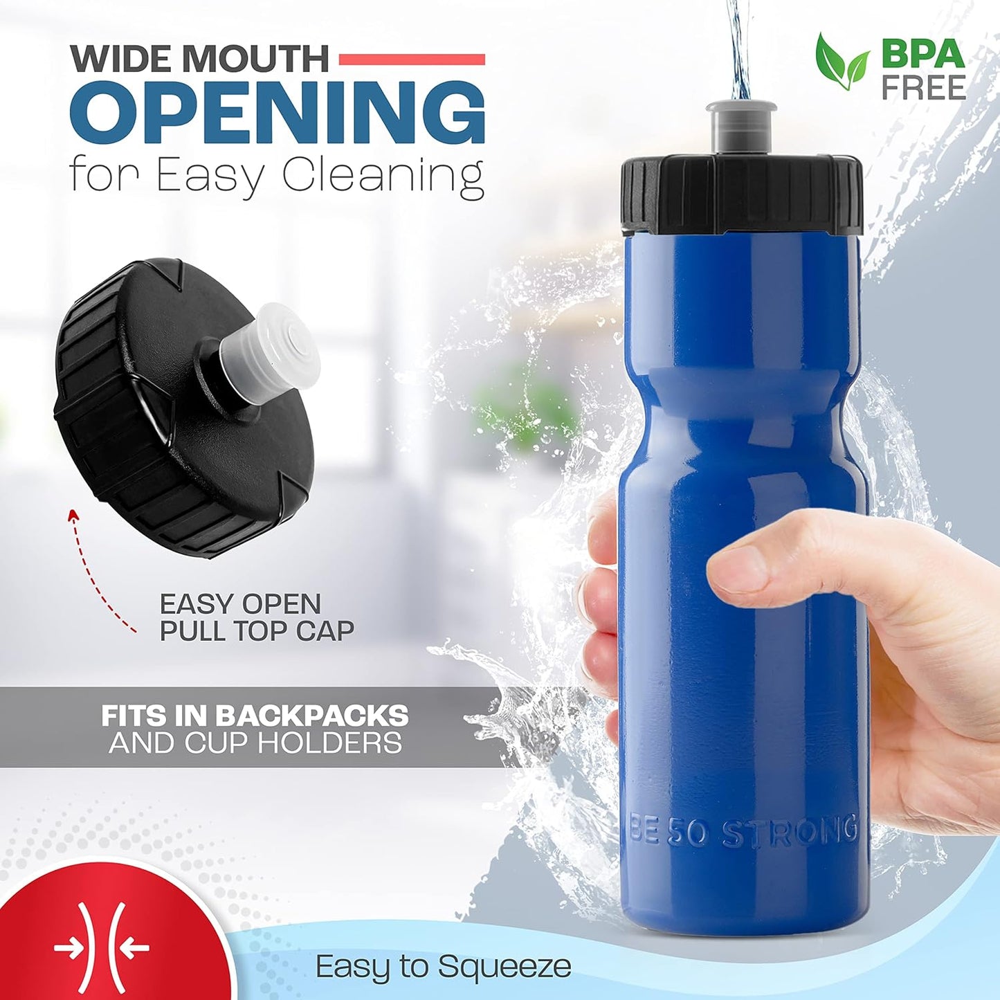 50 Strong Sports Water Bottles – Reusable 22 oz BPA-Free Plastic Bottles with Pull Top Cap – Made in USA – Top Rack Dishwasher Safe – Fits Most Bike Cages Brand
