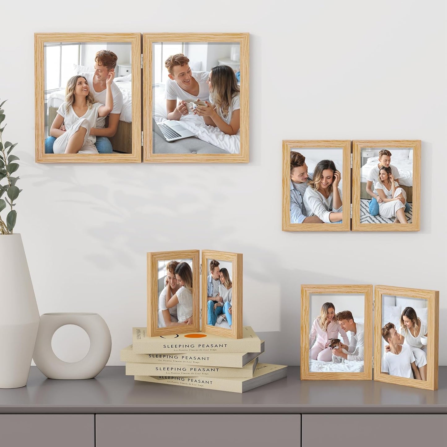 Axeman 4x6 Double Picture Frame - Solid Oak Wood Vertical Hinged 4x6 Photo Frame 2 Opening Folding Family Frames Collage With Real Glass for Tabletop Display, Hanging Hardware Included | Natural