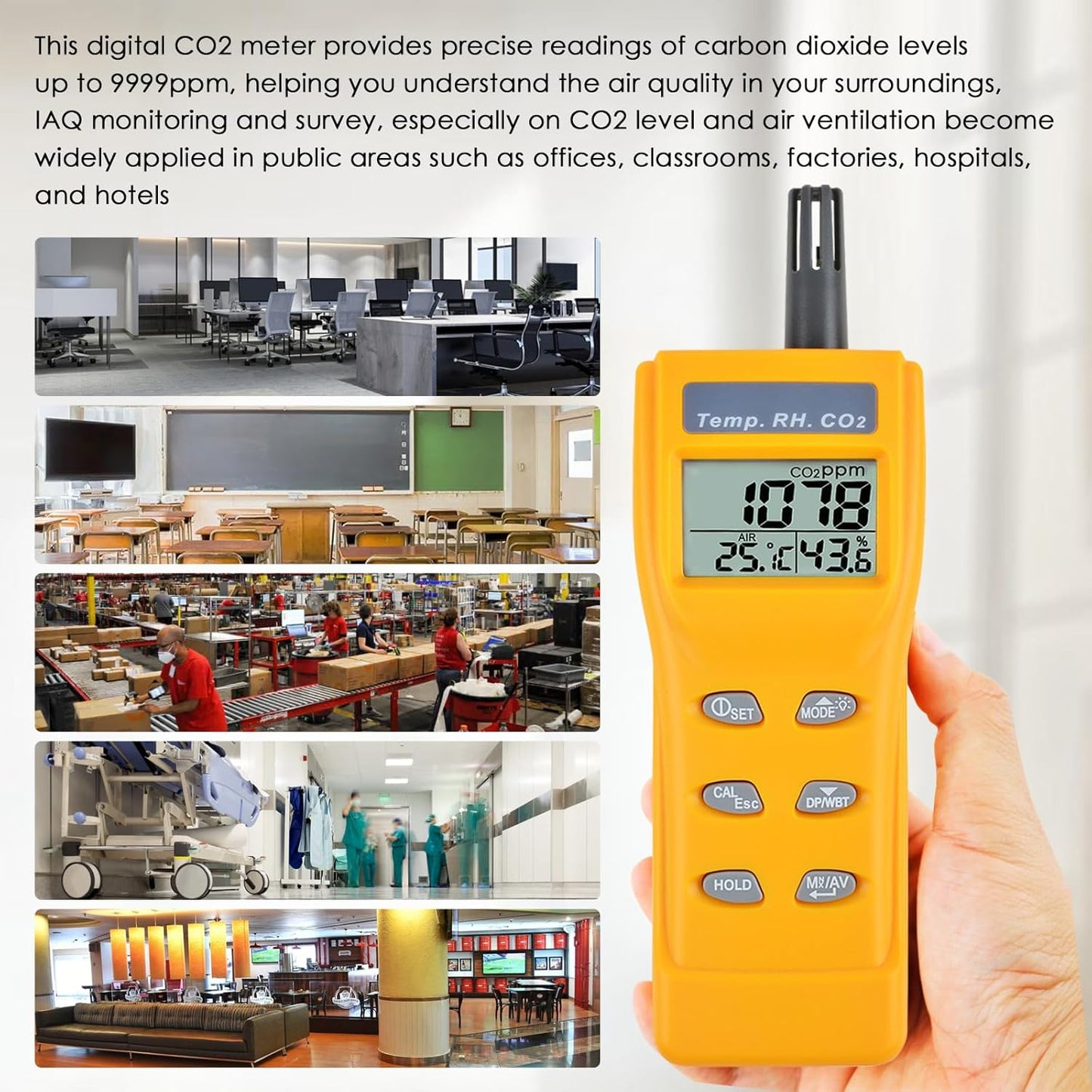 CO2 Meter Portable CO2 Detector Digital CO2 Monitor with Alarm Function Carbon Dioxide Temperature and Humidity Meter, NDIR CO2 Sensor Indoor Air Quality Monitor for Home Office Grow Room