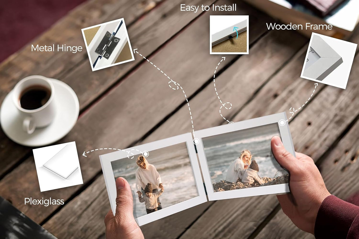 Double 5x7 Horizontal Combo, White Wood Picture Frame, 4.5x6.5 Opening Foldable Landscape View Photo Frame on Table-top or Wall