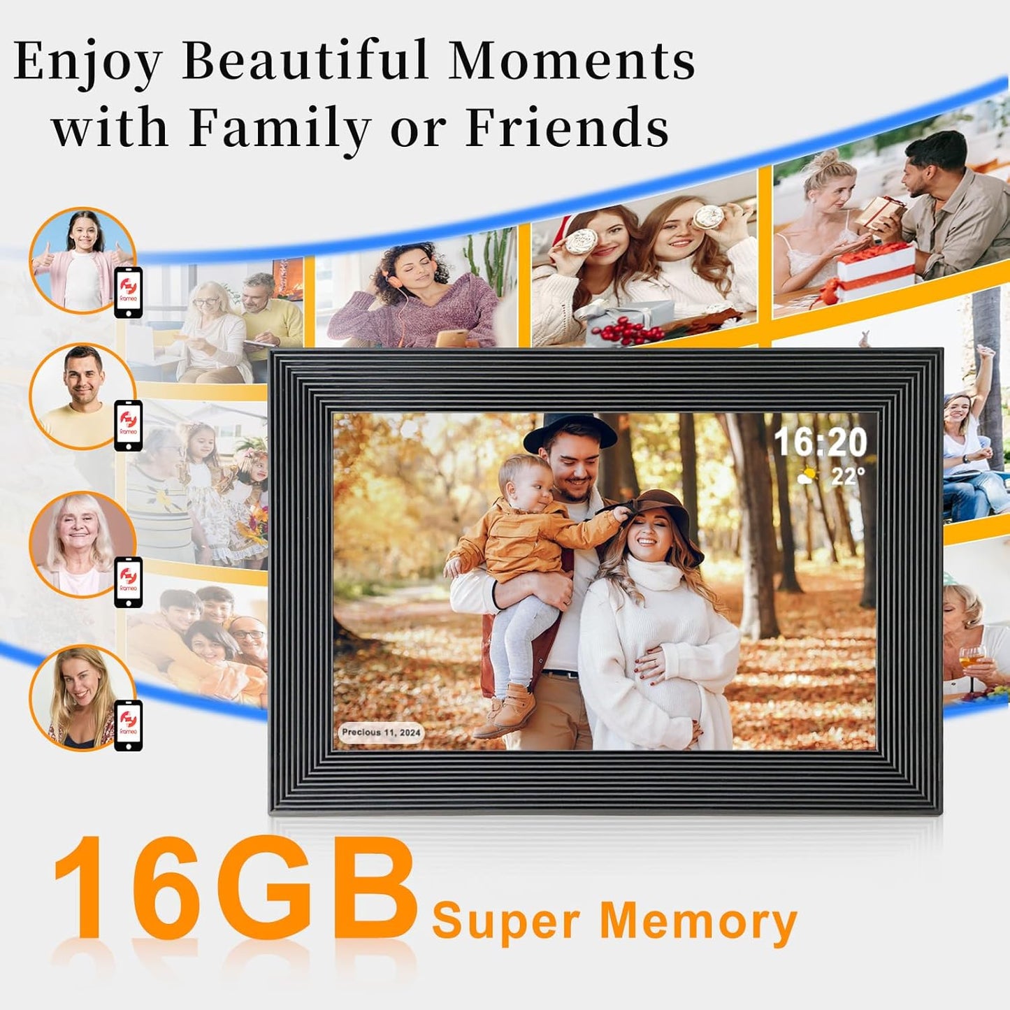 Frameo 10.1 Inch Smart WiFi Digital Photo Frame,Digital Picture Frame with 16GB Storage & SD Slot, Electronic Picture Frame IPS Touch Screen with Auto-Rotate, Frameo Digital Frame WiFi - Black