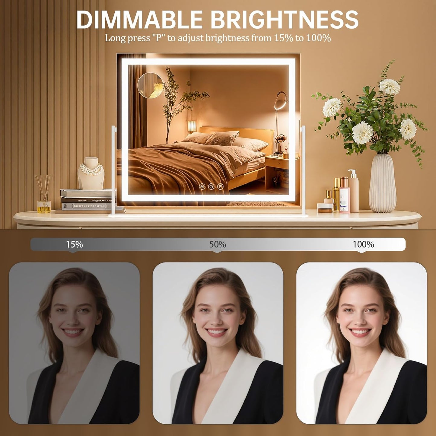 Vanity Mirror with Lights, 26'' x 22'' Lighted Makeup Mirror, Touch Screen with 3-Color Lighting, Dimmable for Vanity Desk Tabletop Square White