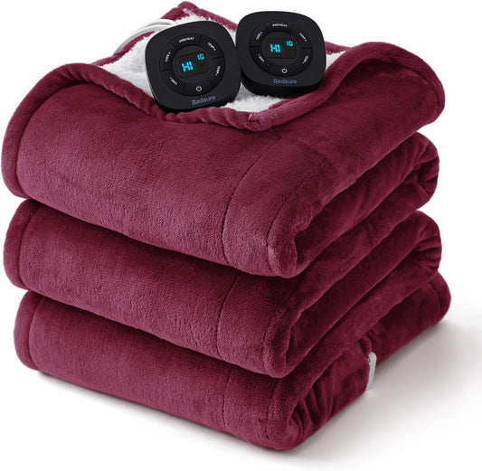 Bedsure Electric Blanket Queen Size - Dual Control Heated Blanket Queen, Fast Heating with 10 Time Settings & 10 Heat Settings, Warm Gift for Grandma (84x90 inches, Red)