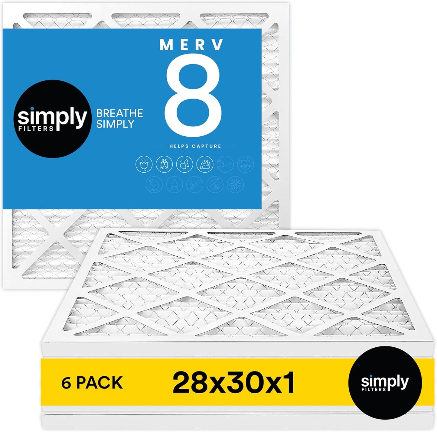 Simply 28x30x1 Air Filter, Merv 8, 6 Pack, For Home AC Furnace & HVAC (Actual Size: 27.75"x29.75"x0.75") DUST, Pet, & Allergy Control