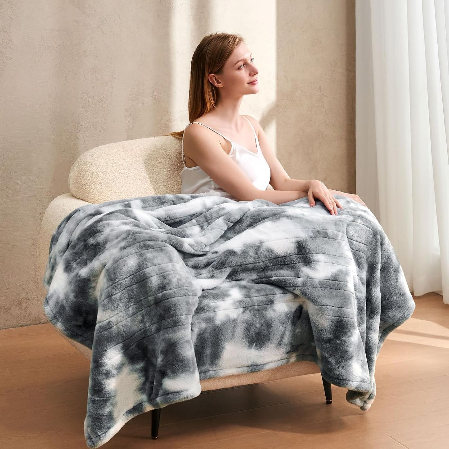 Electric Heated Blanket 50"x60",Luxury Grey Faux Rabbit Fur Electric Throw Blanket,Fast Heating Soft Fluffy Thick Electric Blanket with 6 Heating Levels & 12H Auto Off