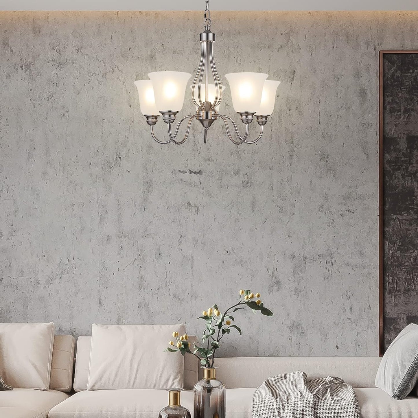 Doraimi Lighting 5 Light Chandelier with Brushed Nickel Finish, Classic Style Ceiling Light Fixture with Frosted Glass Shade for Meeting Room Dining Room Living Room Corridor, LED Bulb(not Include)