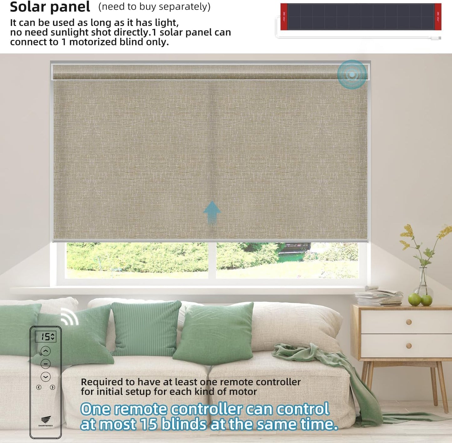 SmartWings Motorized Light Filtering Shades, Work with Matter Thread Homekit Z-Wave Alexa Google, 70% Blackout Shades Translucent, Cordless Blinds with Remote Control Rechargeable, Safari Biscuit