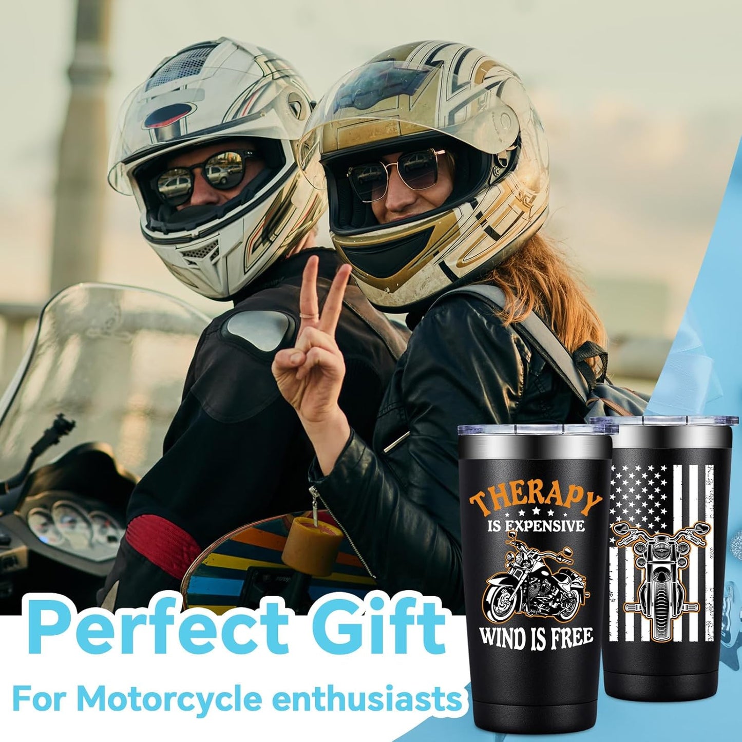 Fufandi Motorcycle Gifts for Men - Therapy Is Expensive Wind Is Free Motorcycle Gifts Tumbler - Christmas Fathers Day Gift for Motorcycle Lovers, Dad, Boyfriend - Tumbler Cup 20oz