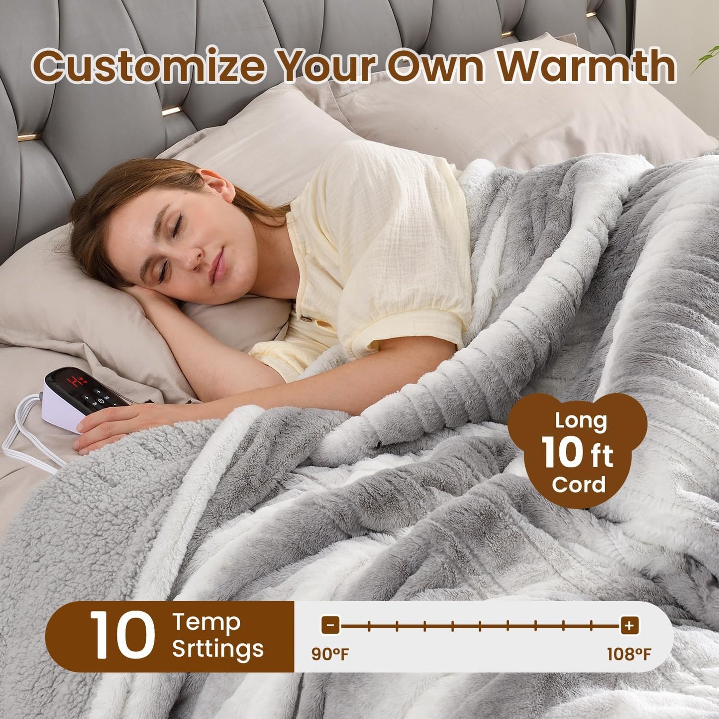 Bearhug Electric Blanket Full Size 77" x 84", 10 Heat Settings Heated Blanket, 1-12 Hour Auto Shut-Off, Faux Fur & Sherpa Dual-Sided Heating Blanket, Machine Washable, Gift-Ready Elegant Packaging