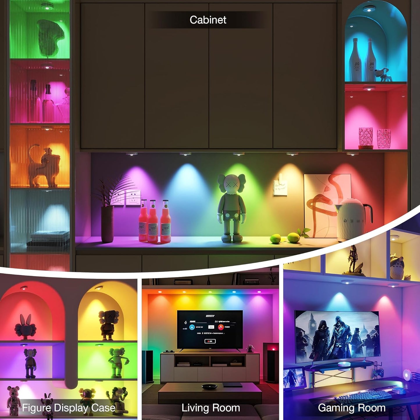 RGB Puck Lights with Remote Control, 2000mAh Battery Operated Tap Lights Rechargeable, 9 Colors & 2 Dynamic Changing Under Cabinet Lighting, Magnetic Stick on Light for Closet(Silver, 3 Pack)
