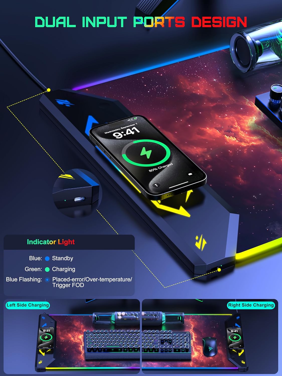 TopMade Wireless Charging Mouse Pad, RGB Gaming Mousepad, 35.4" x 15.8" Extra Large Waterproof Keyboard Desk Pad, Computer Desk Mat, Red Nebula (Includes 20W PD Power Adapter & 6.56ft Woven Cable)