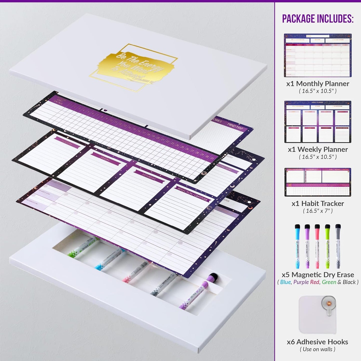 Magnetic Whiteboard for Fridge - Large Dry Erase Calendar for Wall | 2 Magnetic Dry Erase Board 10.5" x 16.5" & 7" x 16.5", Monthly Goal Setting & Habit Tracker, 5 Markers and 6 Adhesive Hooks