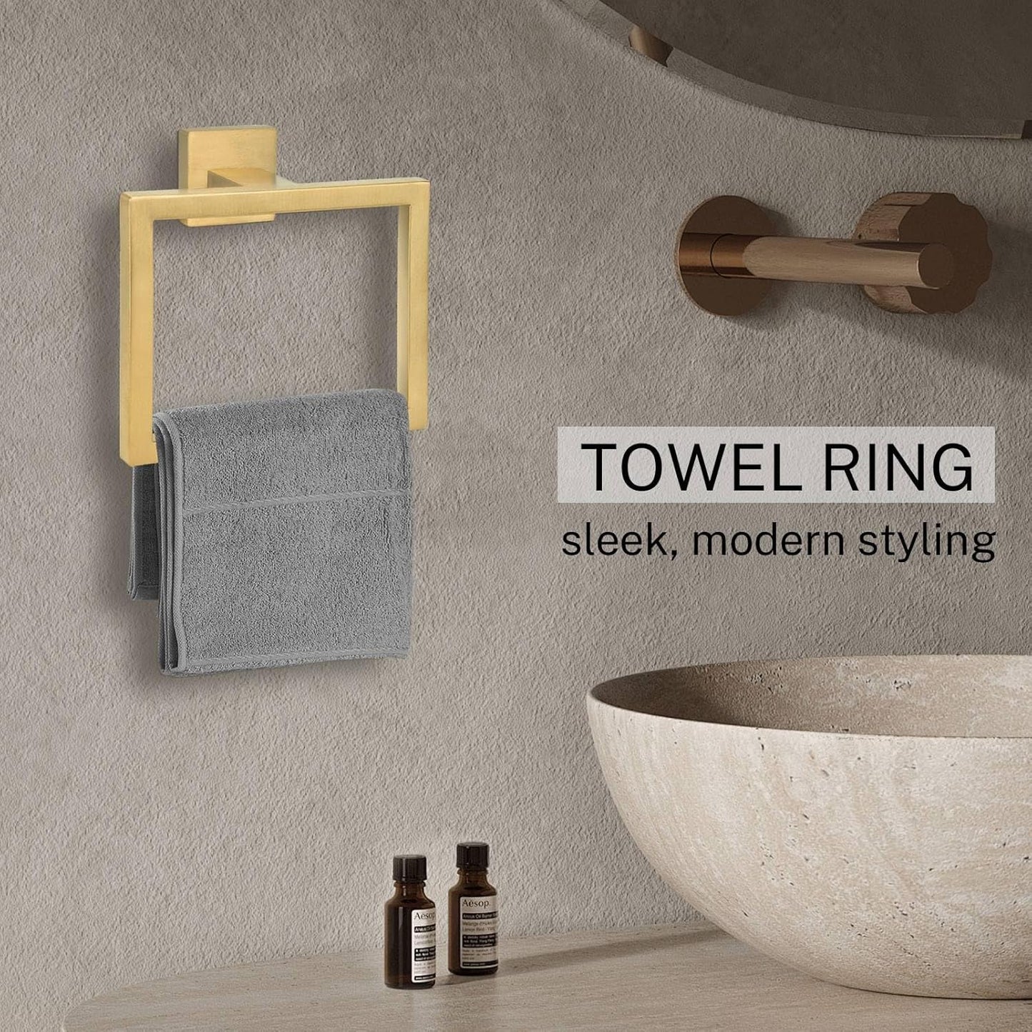 2-Piece Brushed Gold Towel Ring,Square Hand Towel Holder,Stainless Steel Modern Towel Holder Wall-Mounted Bathroom Towel Ring Towel Rack