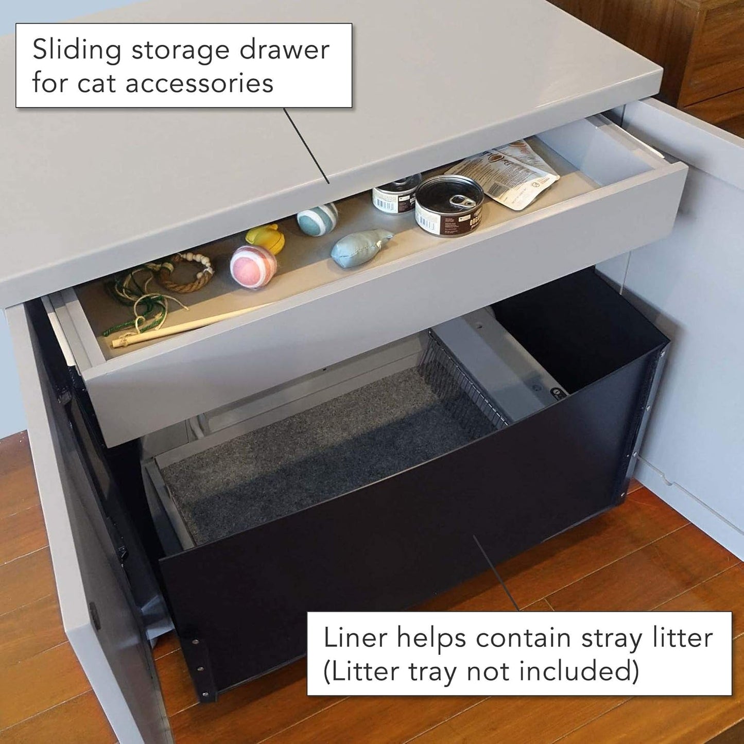 THE REFINED FELINE Cat Litter Box Enclosure Cabinet, Farmhouse, Smoke Gray, Adjustable Levelers, XLarge, Hidden Litter Cat Furniture with Drawer
