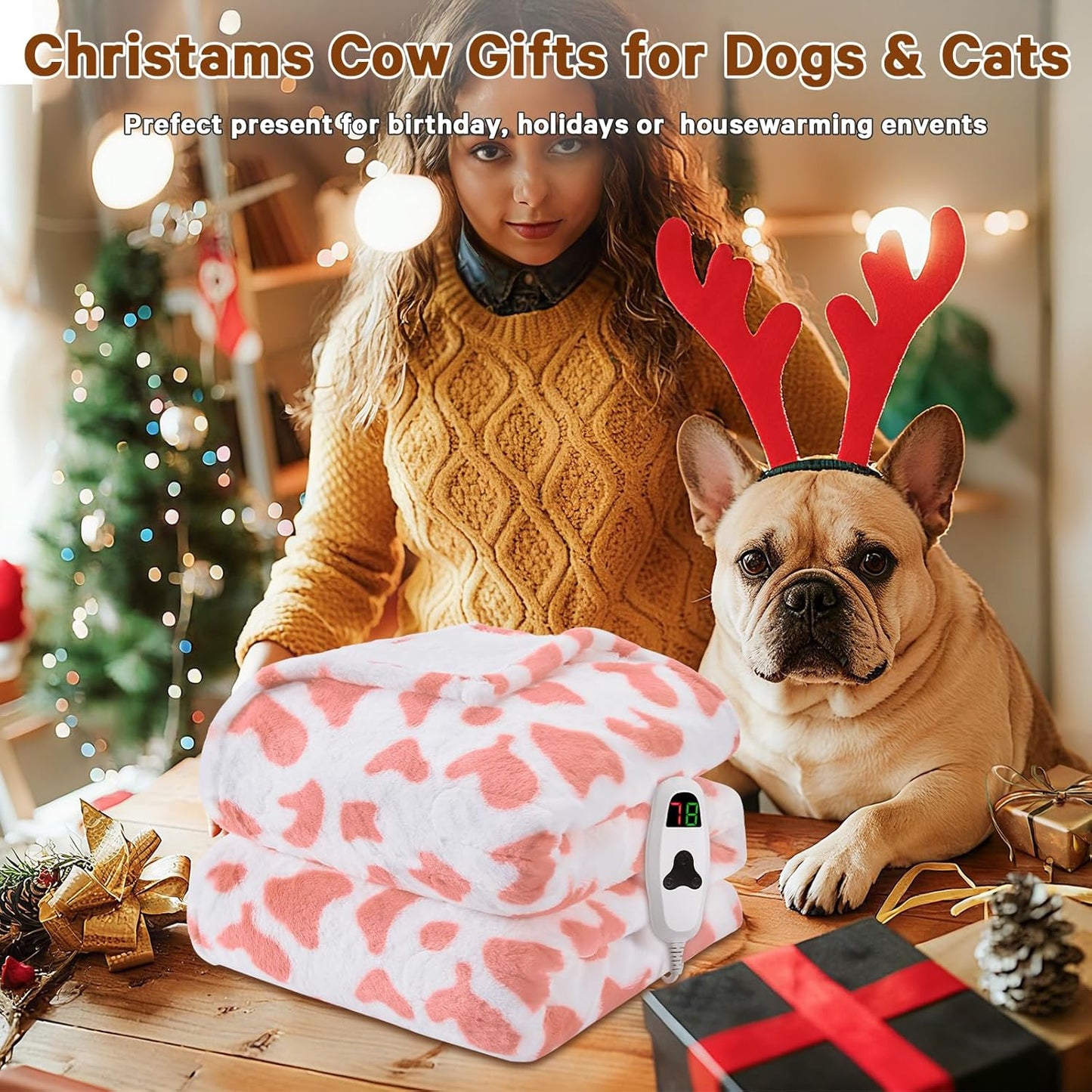 Cow Print Heated Electric Blanket Twin,62X84 Pink Heating Blanket with 10 Heats Levels & 8 Hours Auto Off,Cute Cow Decor Fleece Sherpa Blankets Warmer Gifts for Women Couch Office,Washable