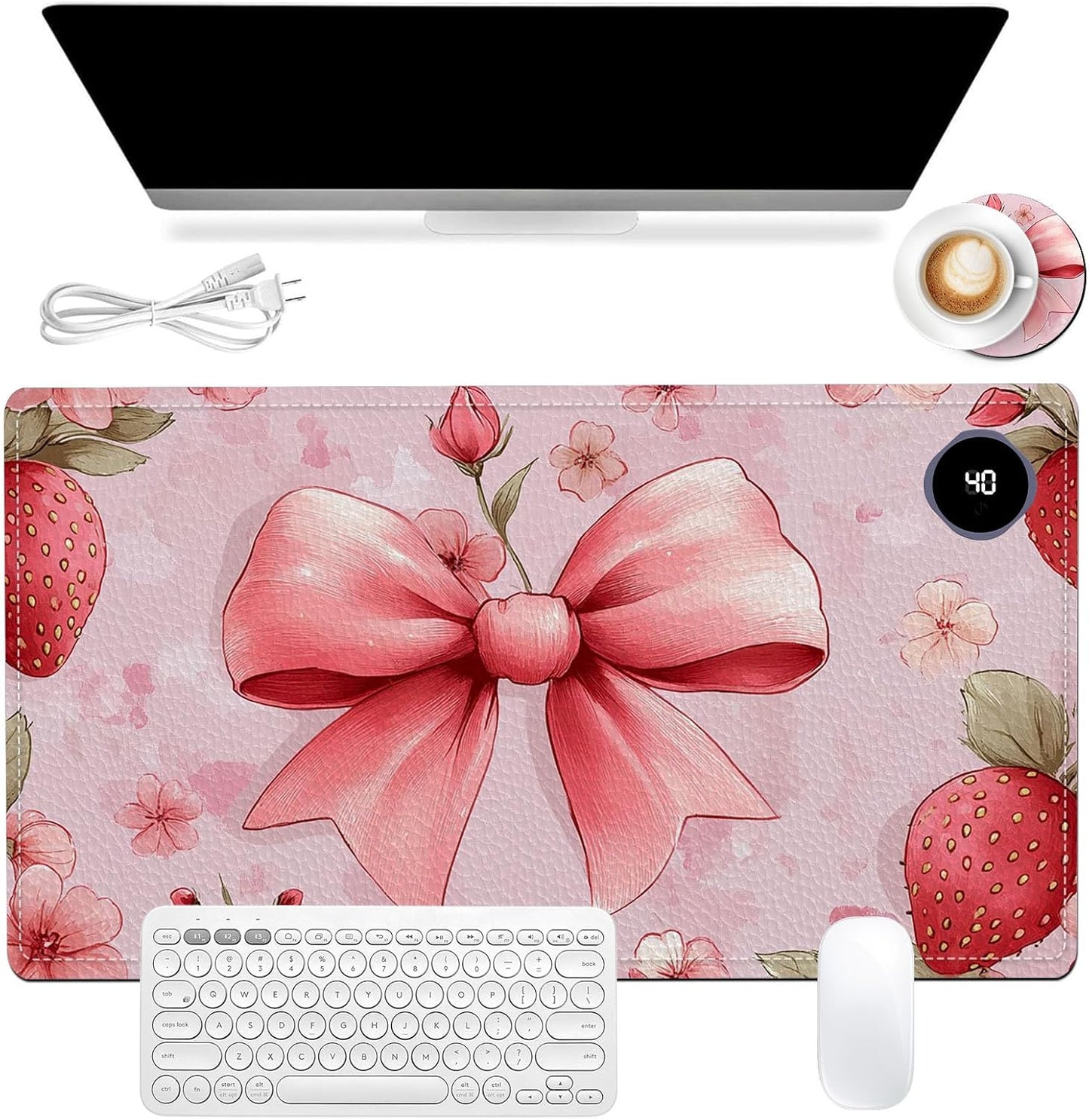 Heated Mouse Pad 23.6 x 14 in 3-Temp Fast Heating Desk Mat with Auto Timer Warmer for Hands Wrist Pain Relief Waterproof Keyboard Mat for Office, Gaming, Home, Pink Bow Floral