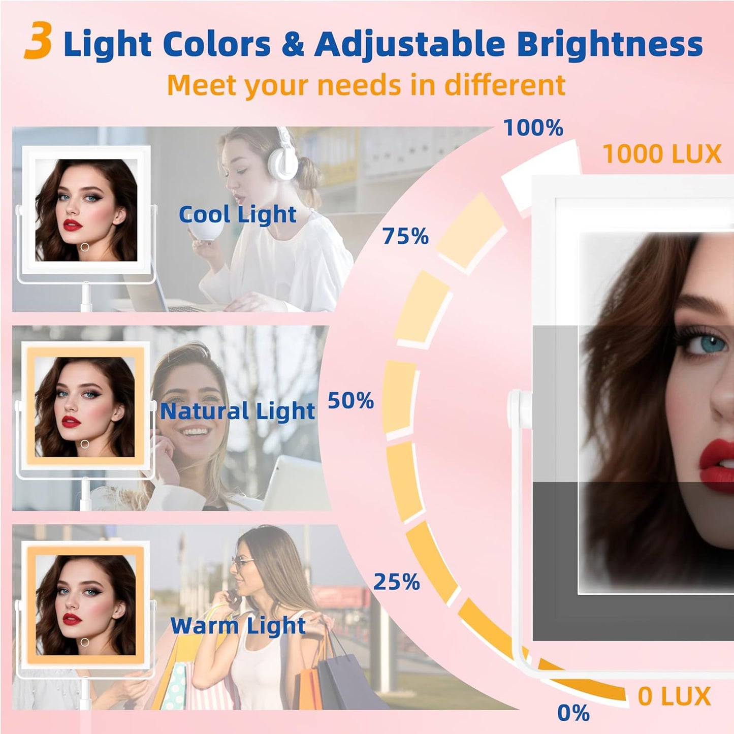 Ruacq Rechargeable Makeup Mirror, 4000mAh Lighted Makeup Mirror with Magnification 1X/10X, Height Adjustable Vanity Mirror with Lights, 3 Color Lights, Adjustable Brightness, 360°Rotation (White)