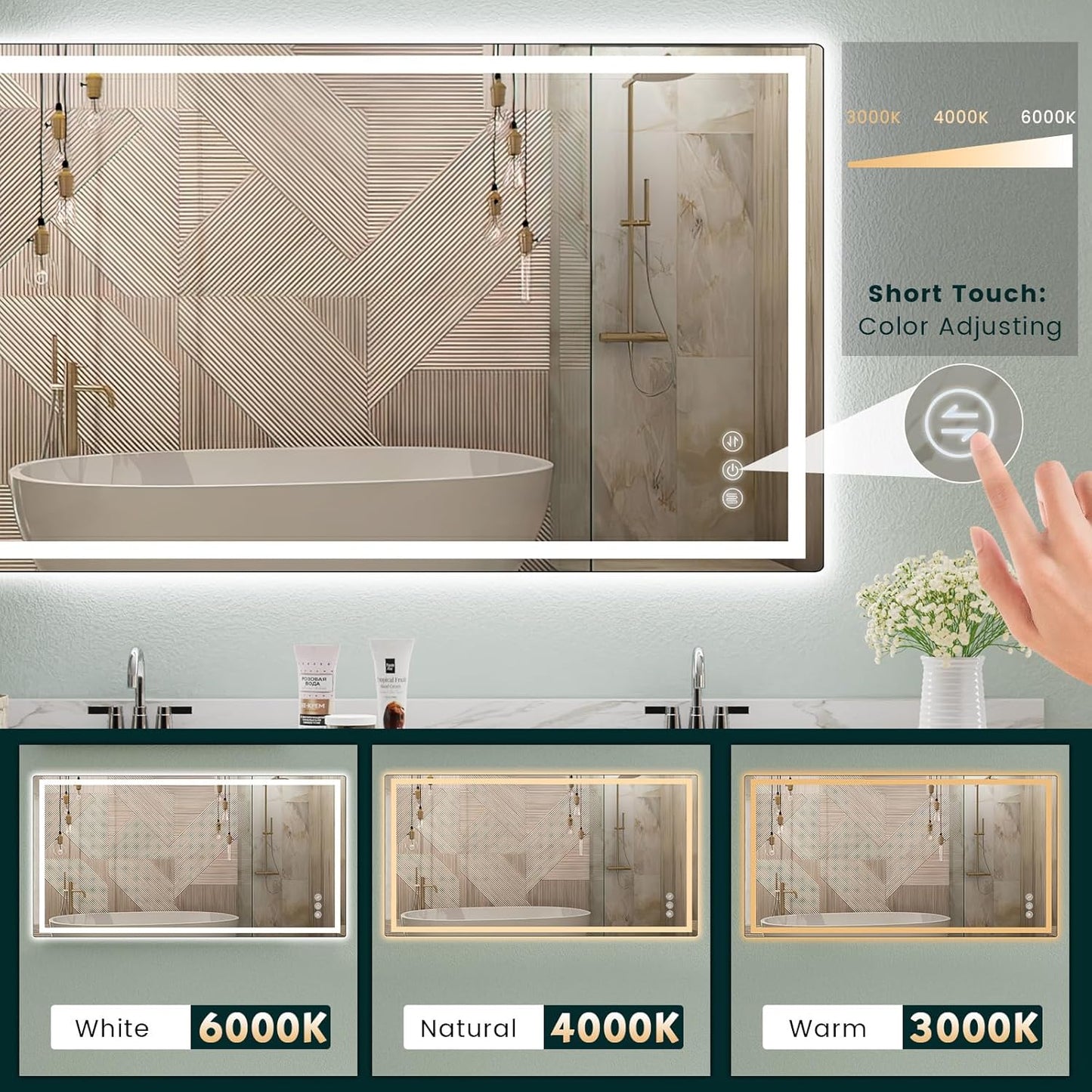 LED Mirror for Bathroom 36"x 72" with Frontlit and Backlit, Anti-Fog Mirror with Lights, Stepless 3 Colors Temperature & Dimmable Bathroom Mirror