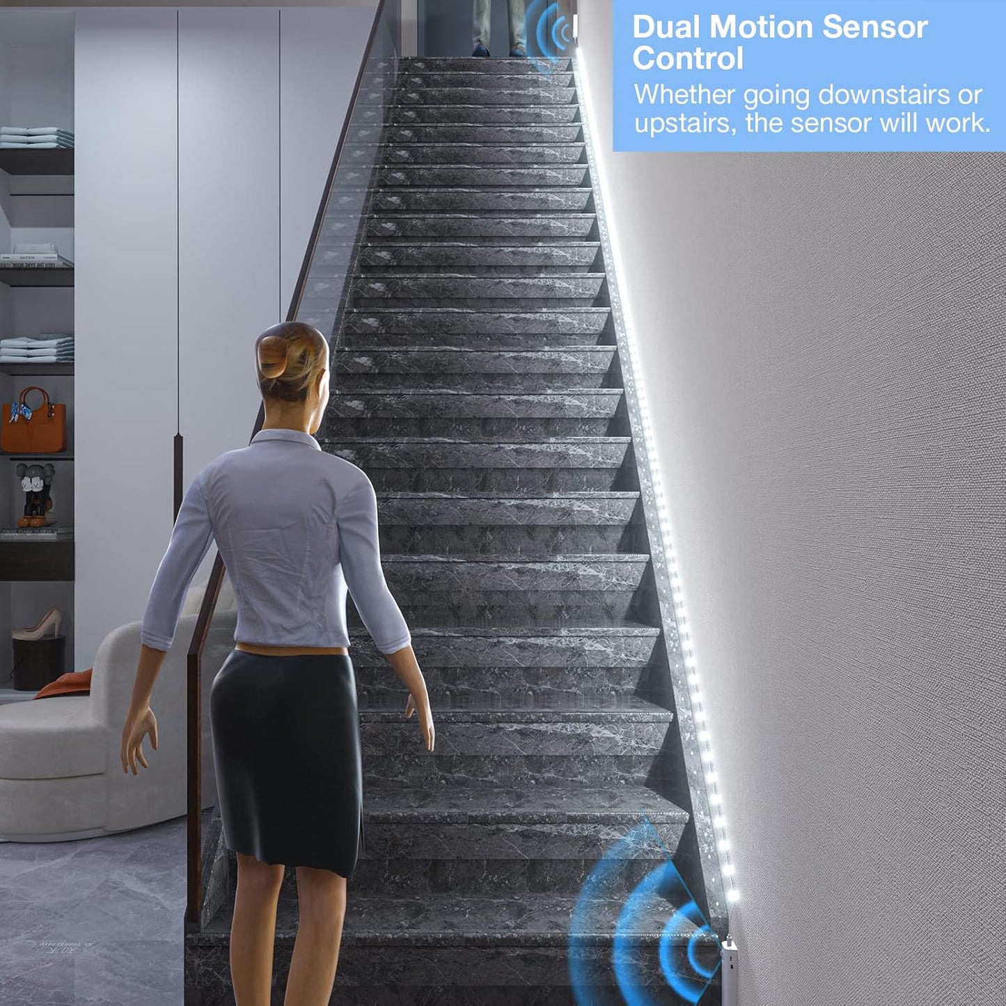 WOBANE Dual Motion Sensor Stair Lights Strip, Rechargeable 16.4ft LED Strip Lighting,150 LEDs Cuttable Tape Light for Hallway,Under Cabinet,Cupboard,Shelves,Gun Safe,Flexible,6000K White