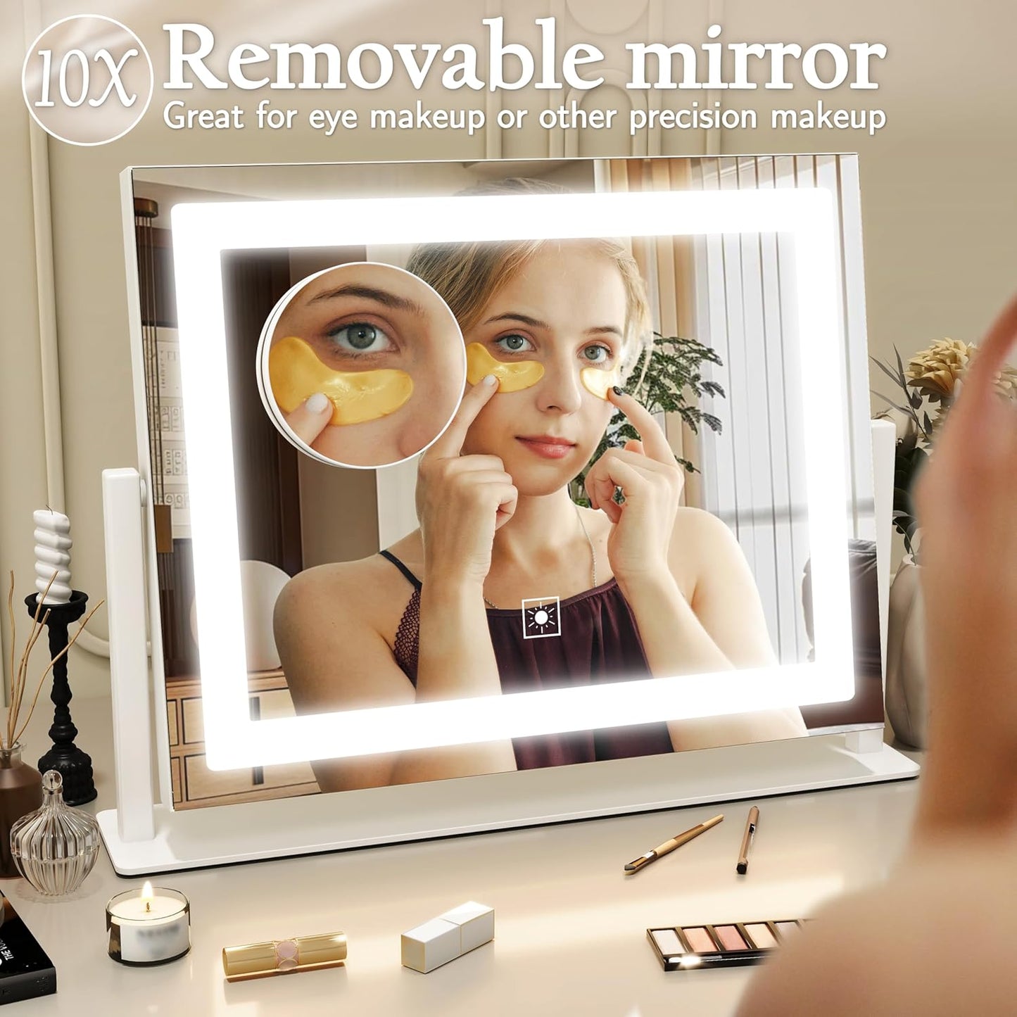 ROLOVE 16x12 Inch Vanity Mirror with Lights, Lighted Makeup Mirror with 10X Magnification, Smart Touch 3 Colors Dimmable, Dresser Mount, Bathroom (White)