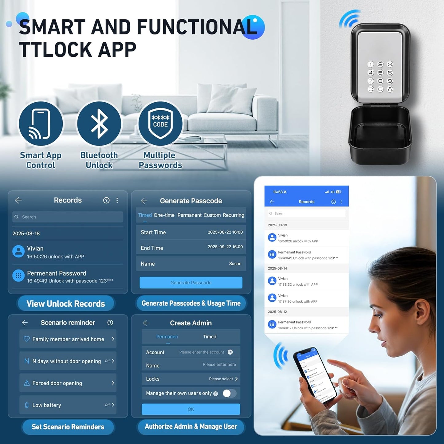 HUANLANG Smart Key Lock Box - Bluetooth Electronic Lock Box for Keys, Wall Mount Digital Key Storage with App Control & PIN Code Types, IP65 Waterproof lockbox for Home, Airbnb, Realtor and Office