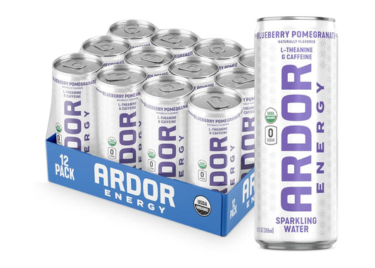 ARDOR ENERGY Sparkling Water with 100mg Natural Caffeine & 200mg L-Theanine from Organic Green Tea for Smooth Energy & Focus | Healthy Energy Drink | No Sugar, Zero Calories, Vegan, Gluten-Free | Blueberry Pom (Pack of 12, 12oz cans)