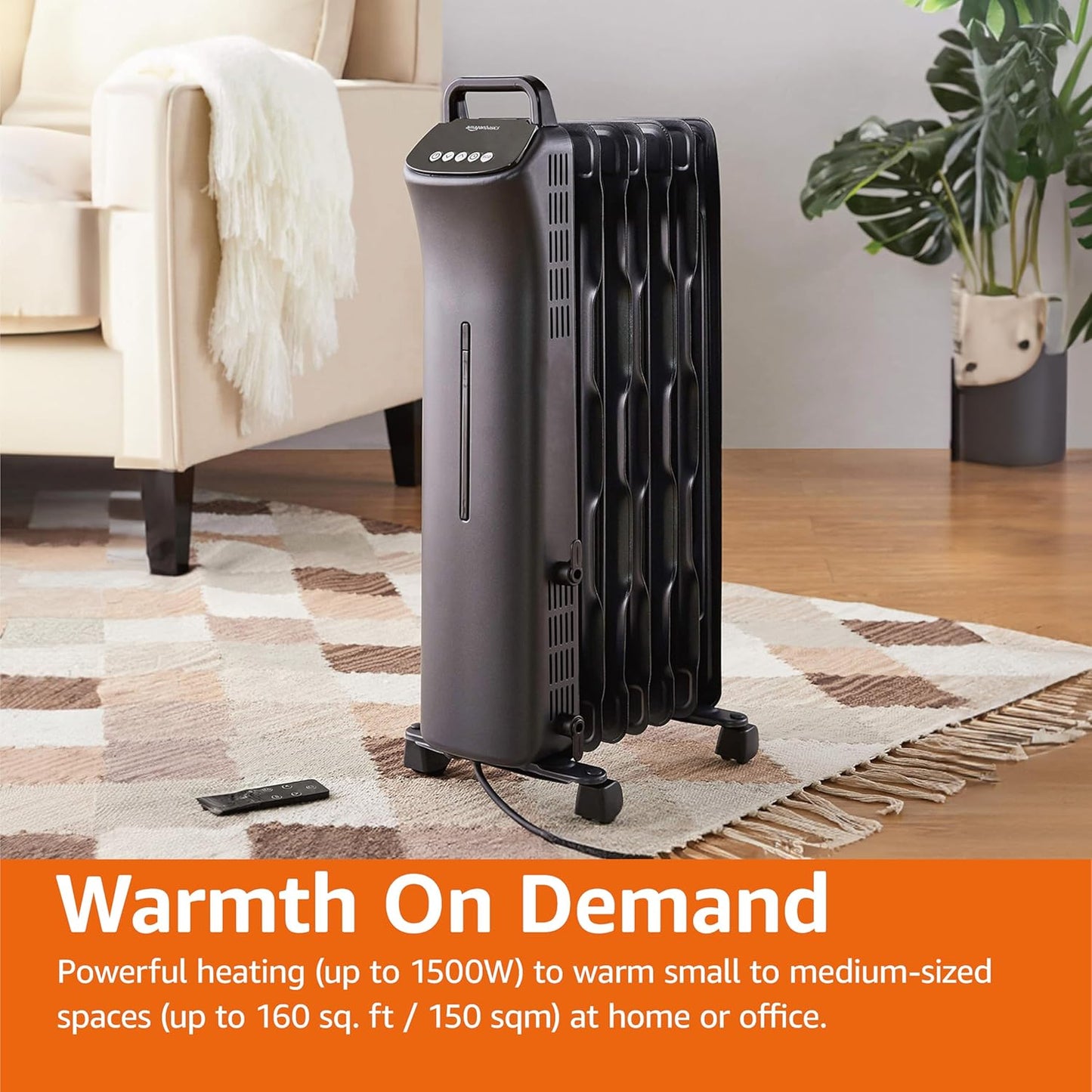 Amazon Basics Oil Space Heater with Remote Control, Portable Radiator Heater with 7 Oil-Filled Fins Indoor Uses, 3 Heat Settings, Thermostat, Tip-Over Protection, ETL Safety Certificate, 1500W, Black