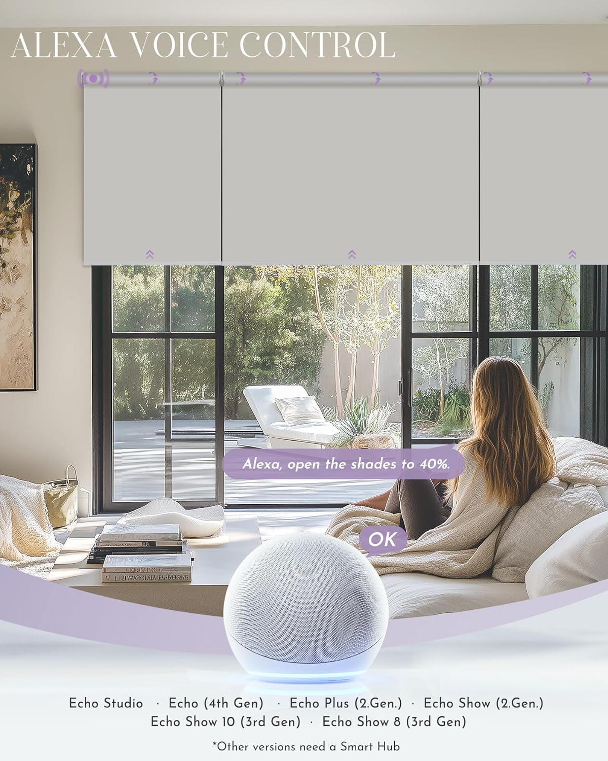 Graywind Smart Coupled Roller Shades Compatible with Alexa Google Custom Size Extra Large Motorized Blinds for Windows(White)